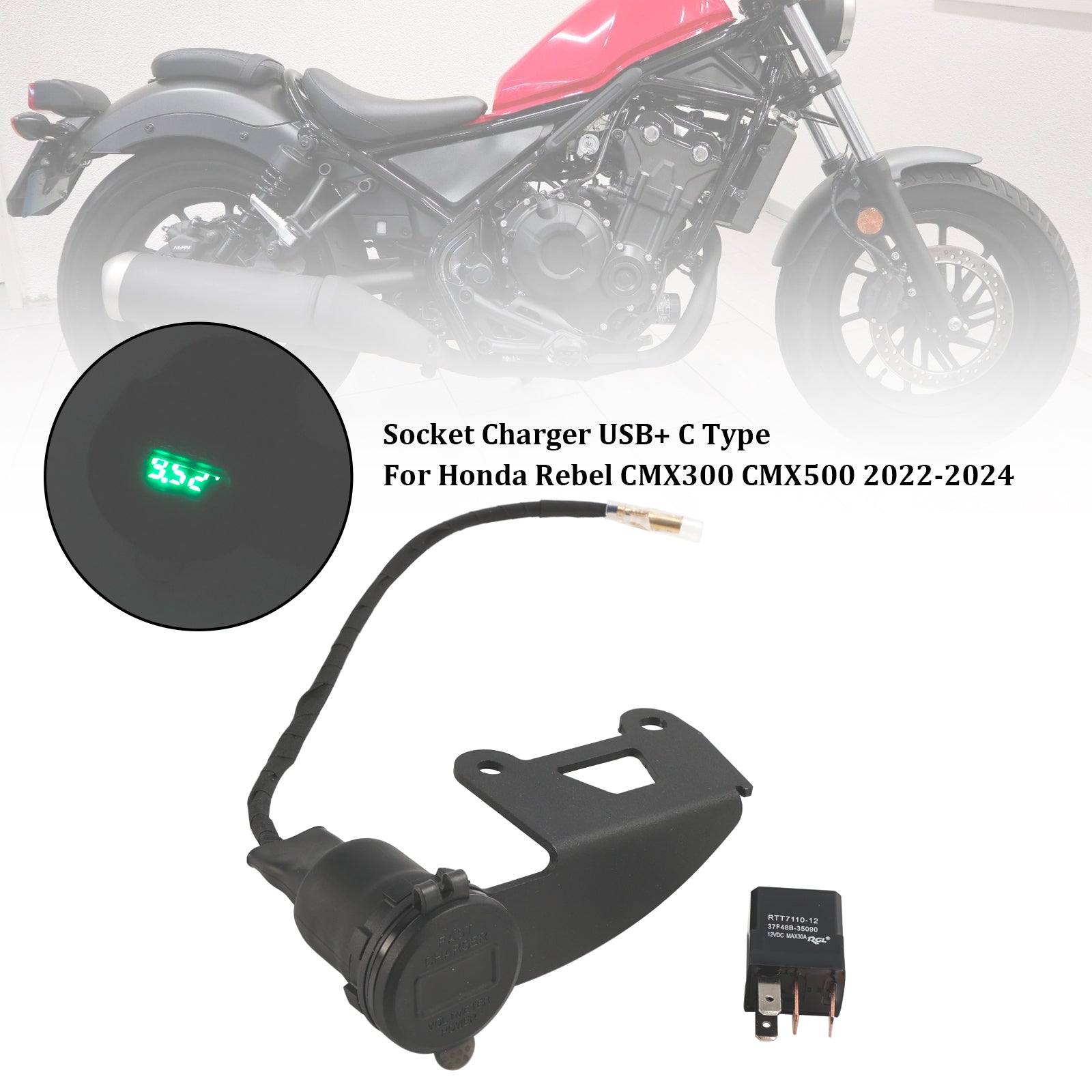 22-24 Honda Rebel CMX300 CMX500 12v Chargeur de prise USB + C