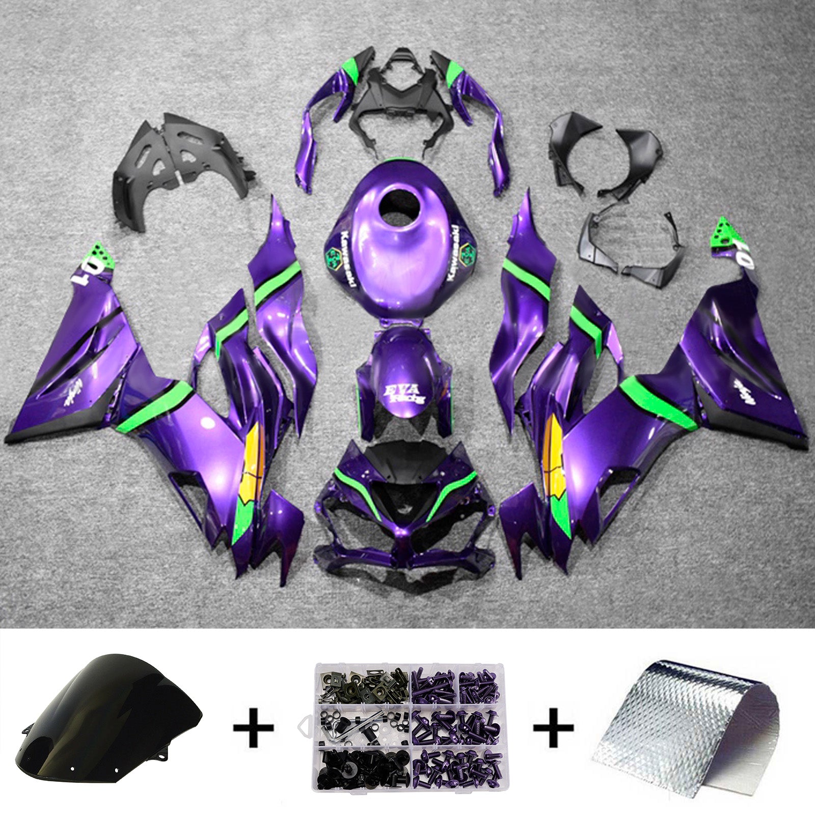 Amotopart 2019-2023 Kawasaki ZX6R Purple Green Yellow Fairing Kit