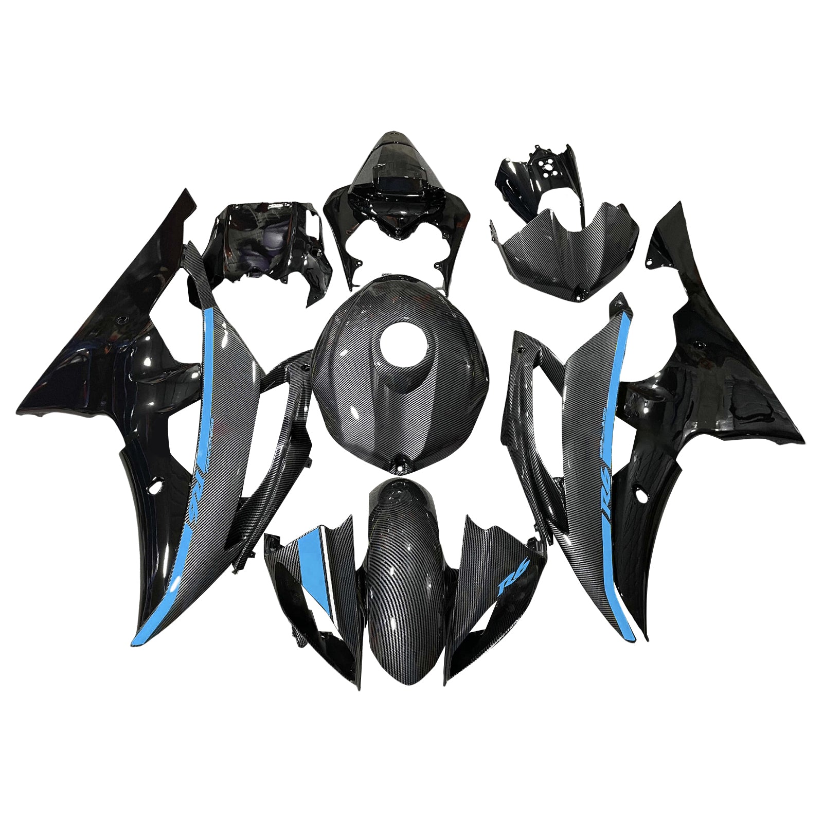Amotopart 2008-2016 Yamaha YZF-R6 Blue & Black Carbon Fiber Pattern Fairing Kit