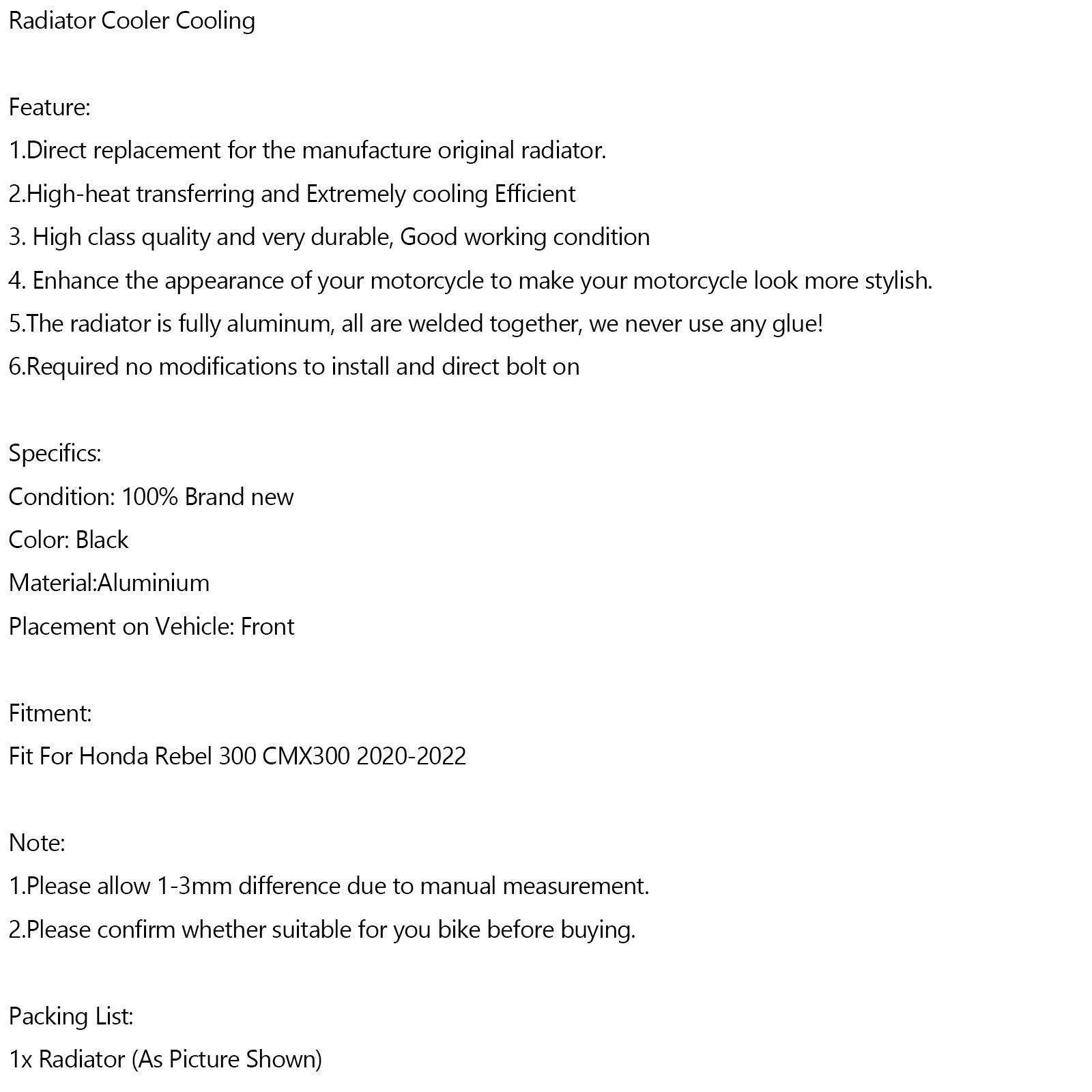 20-23 Honda Rebel 300 CMX300 Aluminium Motor Kühlerkühlung
