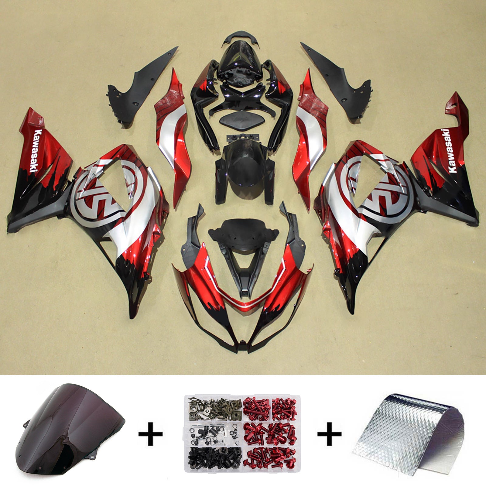 Amotopart 2013-2018 Kawasaki ZX6R 636 Red Silver Fairing Kit