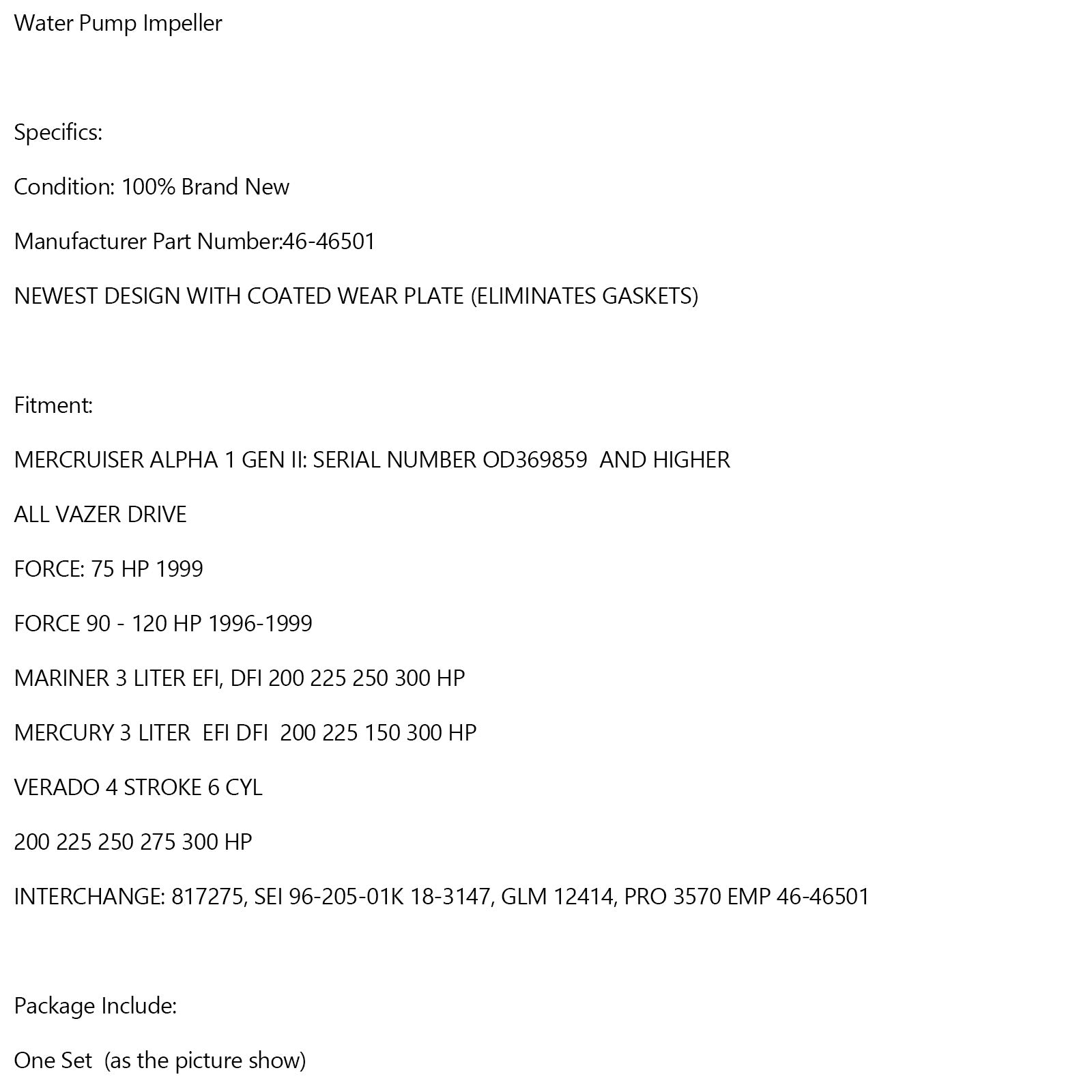 Rouaches de pompe à eau 43024A7 3570 46-46501 pour Mercury Force 90 120HP 1996 99