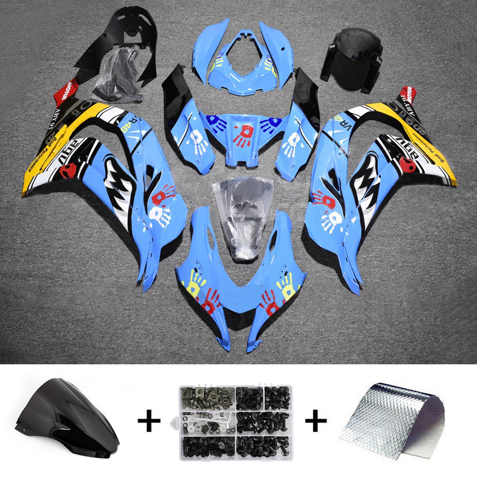 Amotopart 2016-2020 Kawasaki ZX10R Blue Black Yellow Fairing Kit