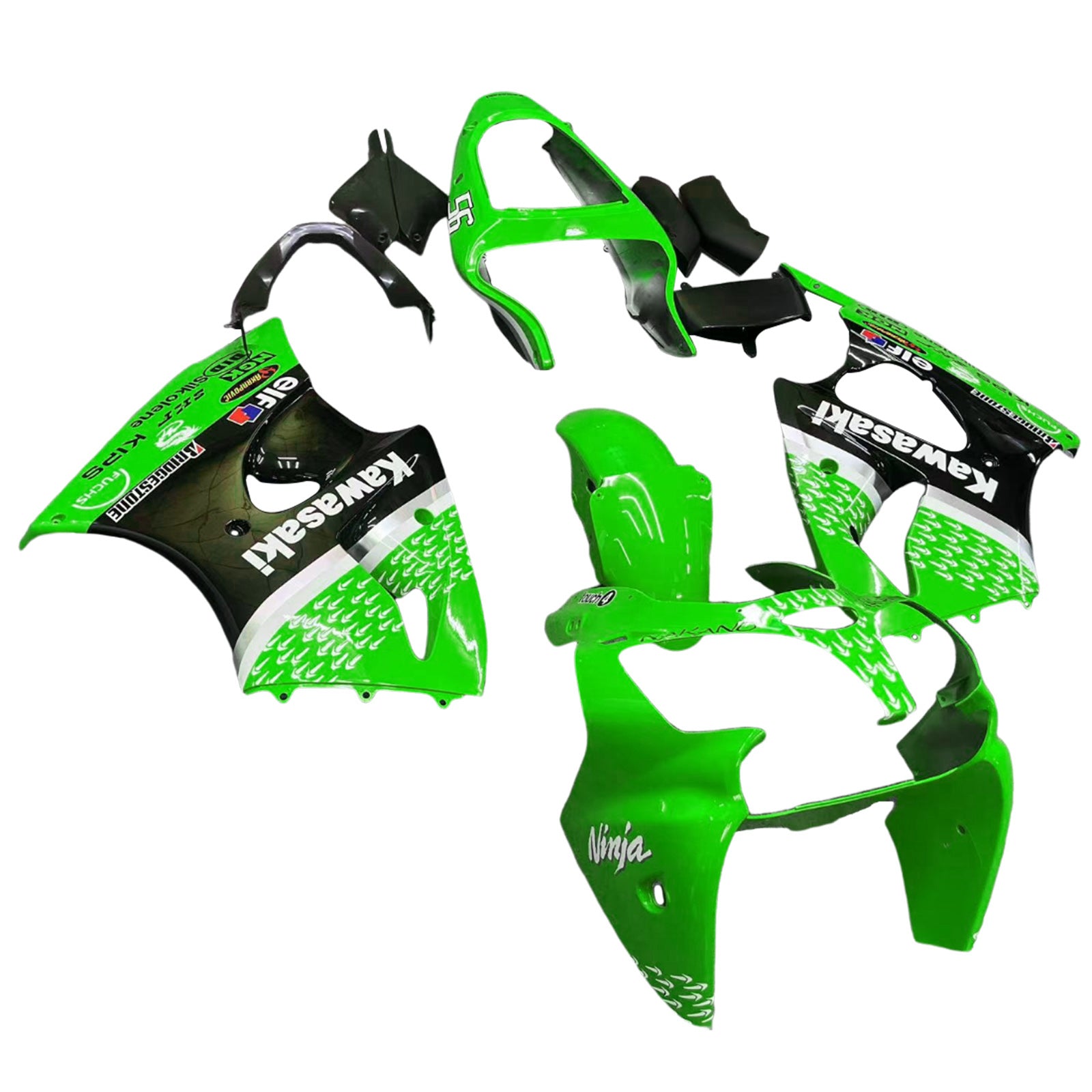 Amotopart 2000-2002 Kawasaki ZX6R 636 2005-2008 Kawasaki ZZR600 Green Black Fairing Kit