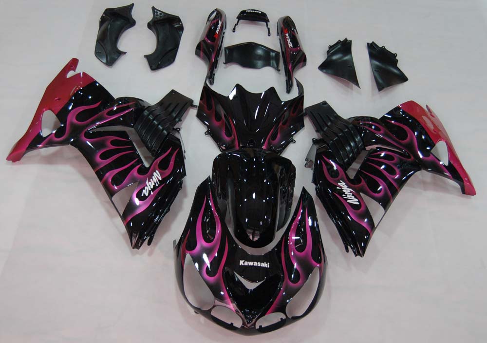 Amotopart 2006-2011 Kawasaki ZX14R Schwarz mit rosa Flammenverkleidungskit