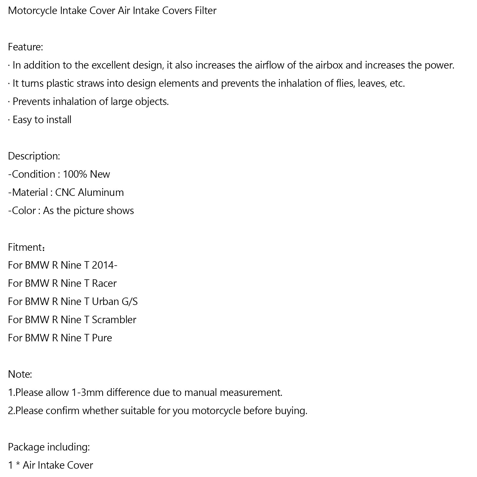 Cubierta de entrada de aire cubre filtro para BMW R Ninet Ninet R9T