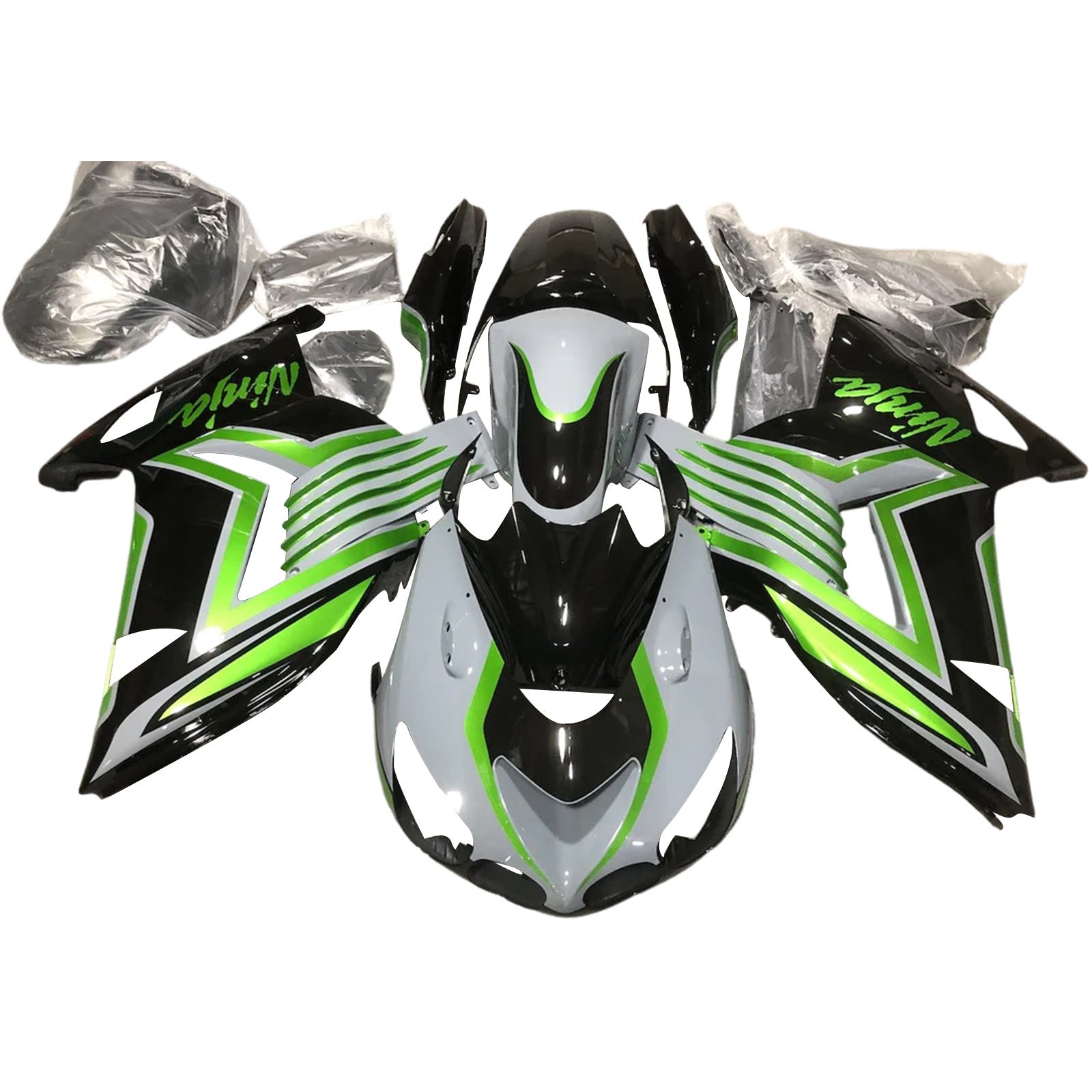 Amotopart 2012-2025 Kawasaki ZX14R ZZR1400 Glossy Black White & Green Fairing Kit