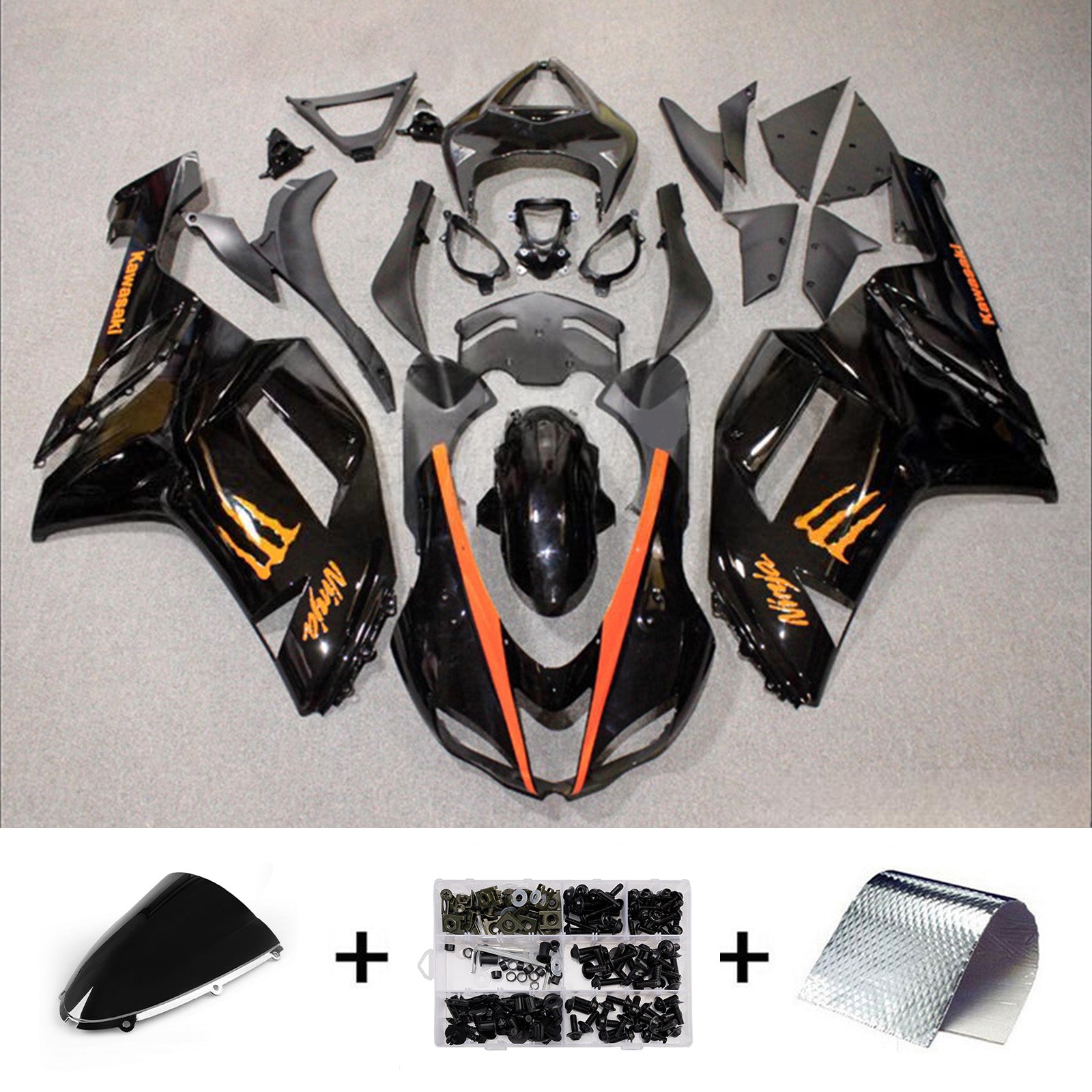 Amotopart 2007-2008 Kawasaki ZX6R 636 Glossy Balck Orange Fairing Kit