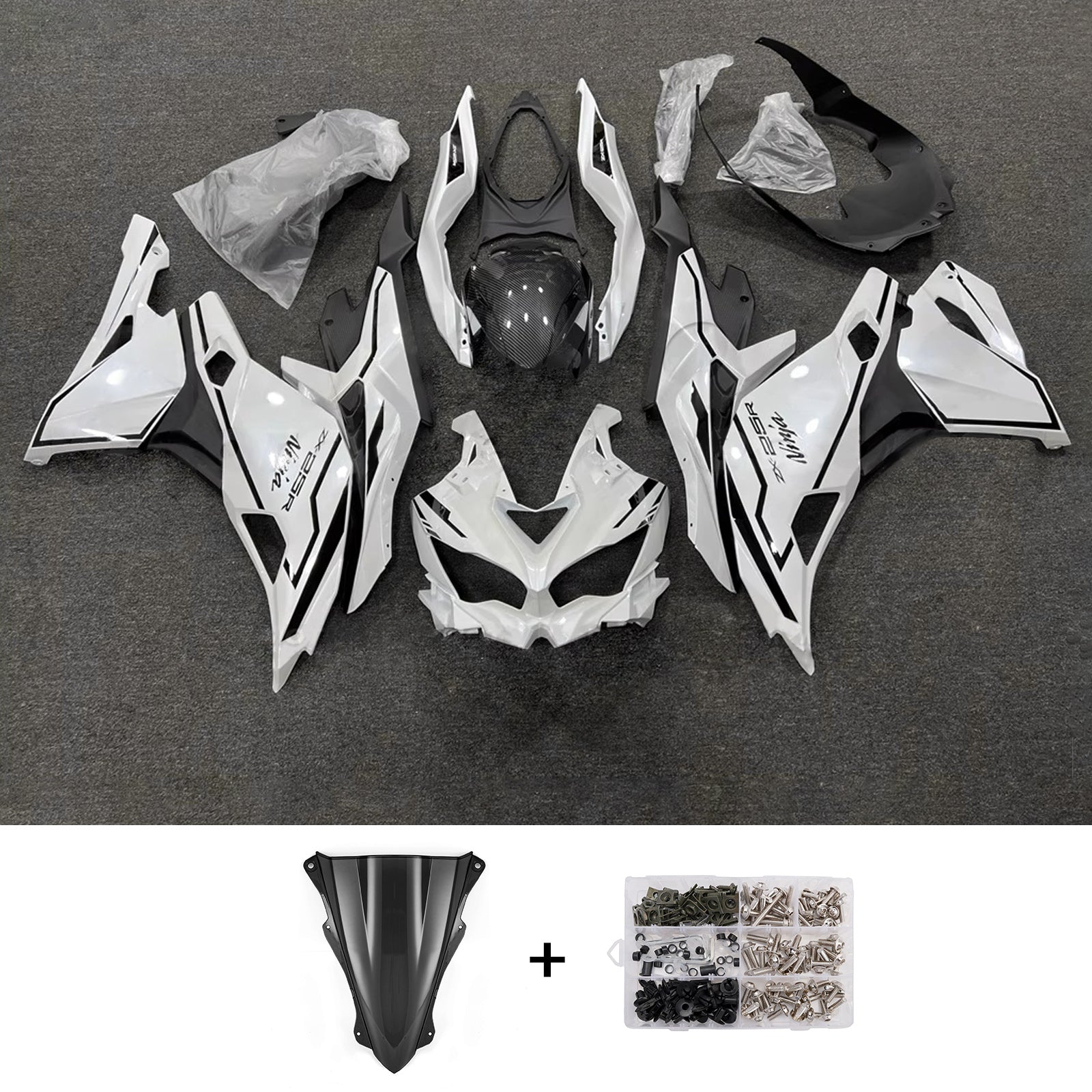 Amotopart 2019-2022 Kawasaki Ninja ZX-25R 2023-2025 Kawasaki Ninja ZX-4R/ZX-4RR White & Black Fairing Kit