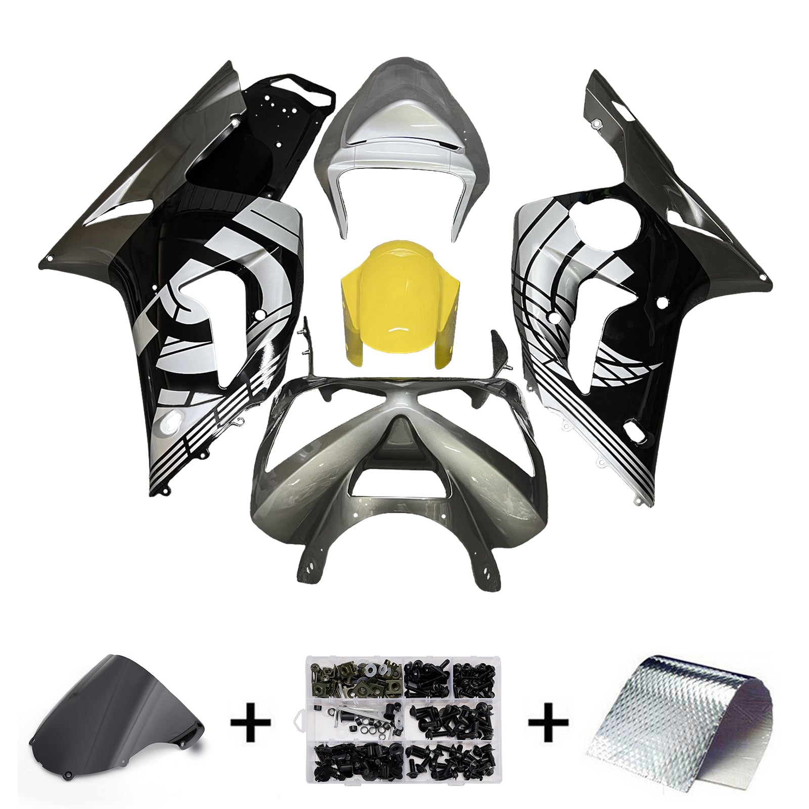 Amotopart 2003-2004 Kawasaki ZX6R 636 Silberschwarzverkleidungskit