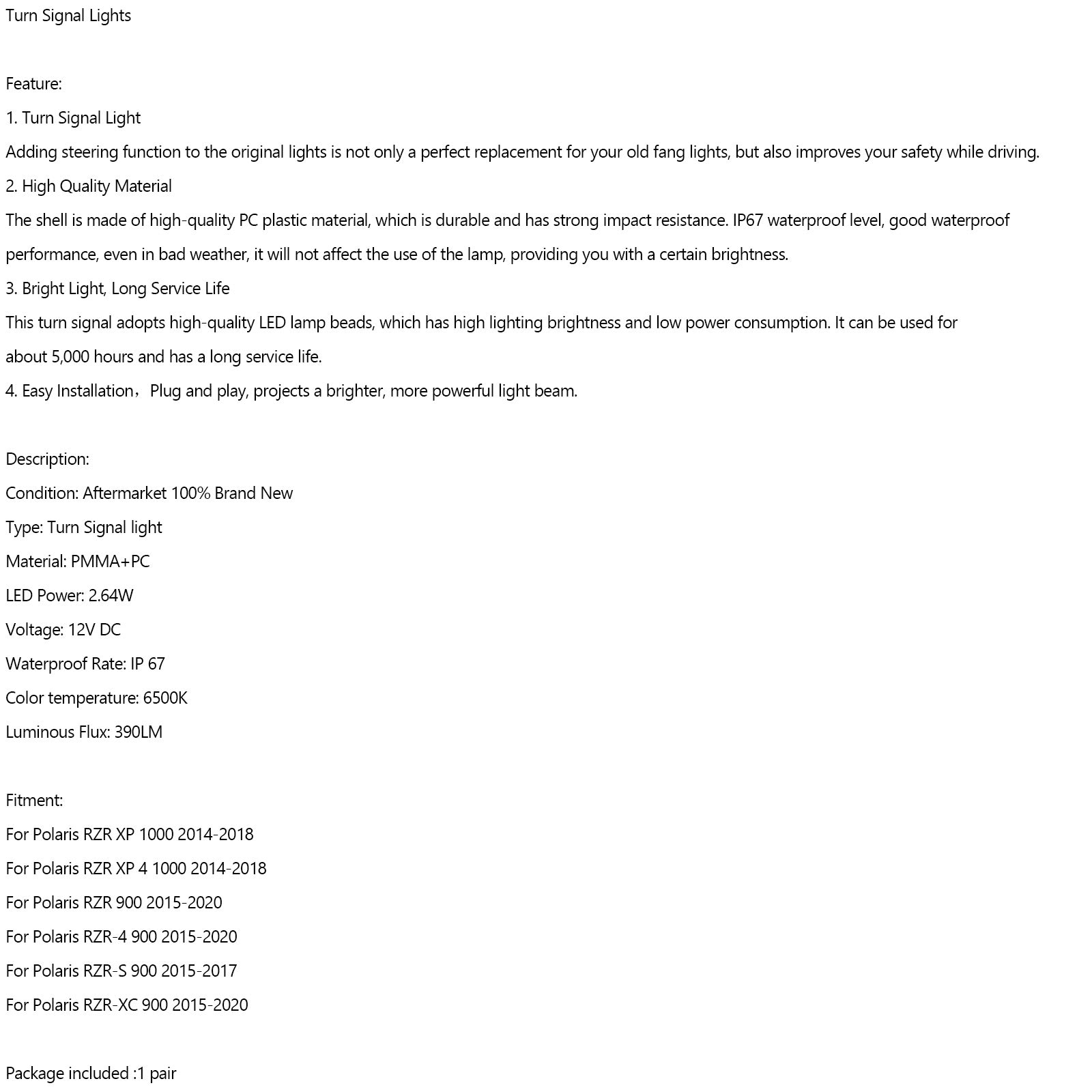 UTV Turn Signal Fang Accent Lights voor Polaris RZR XP 4 1000/S 4 900 2014-2020