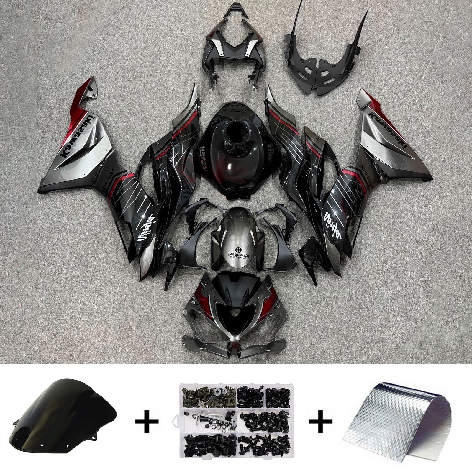 Amotopart 2019-2023 Kawasaki ZX6R Black Silver Red Fairing Kit