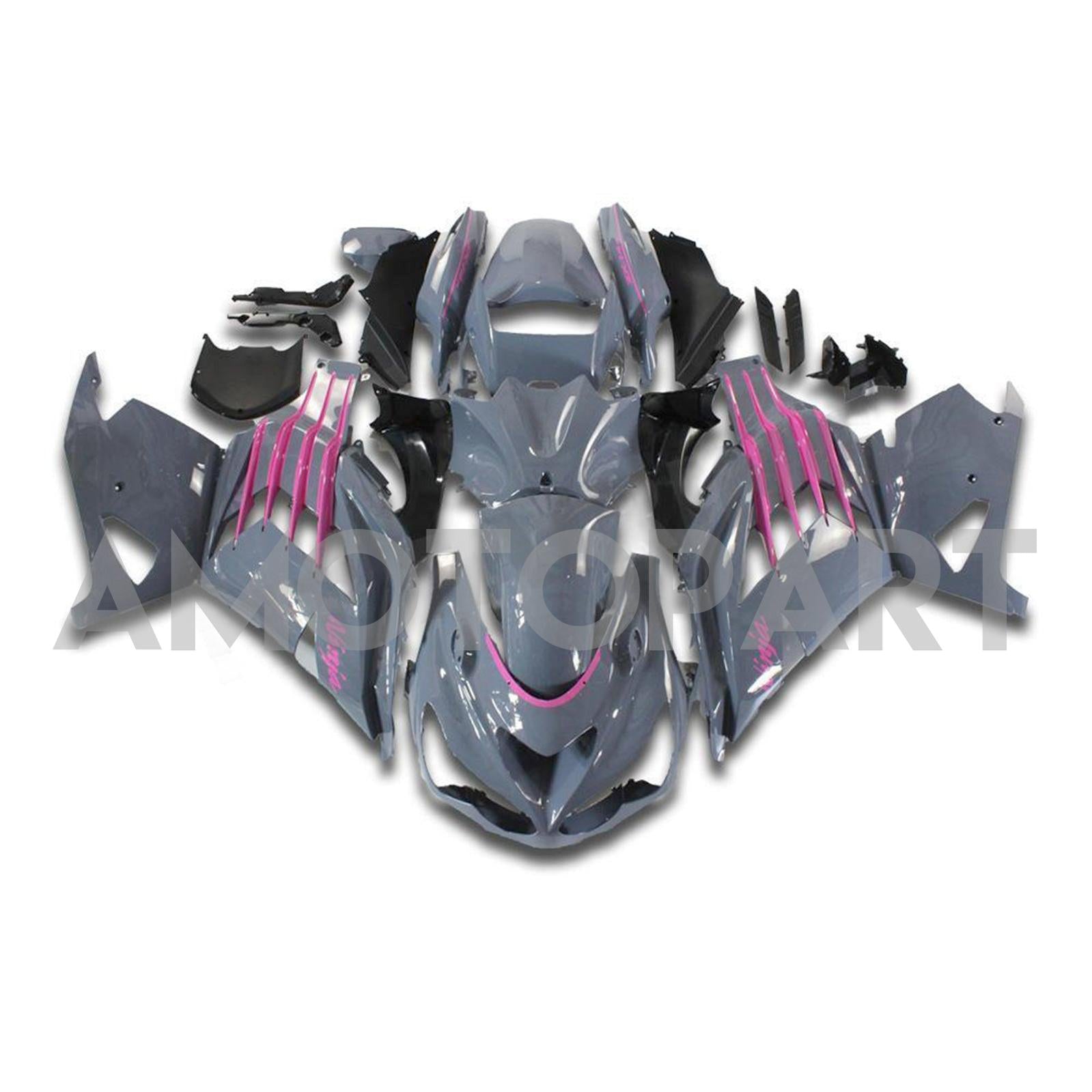 Amotopart 2012-2025 Kawasaki ZX14R ZZR1400 Gray Black & Pink Fairing Kit