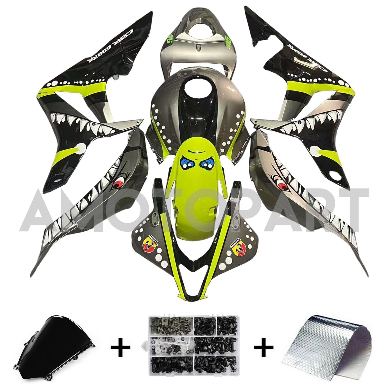 Amotopart 2007-2008 Honda CBR600RR Fluorescent Yellow-Green with Shark Teeth Fairing Kit