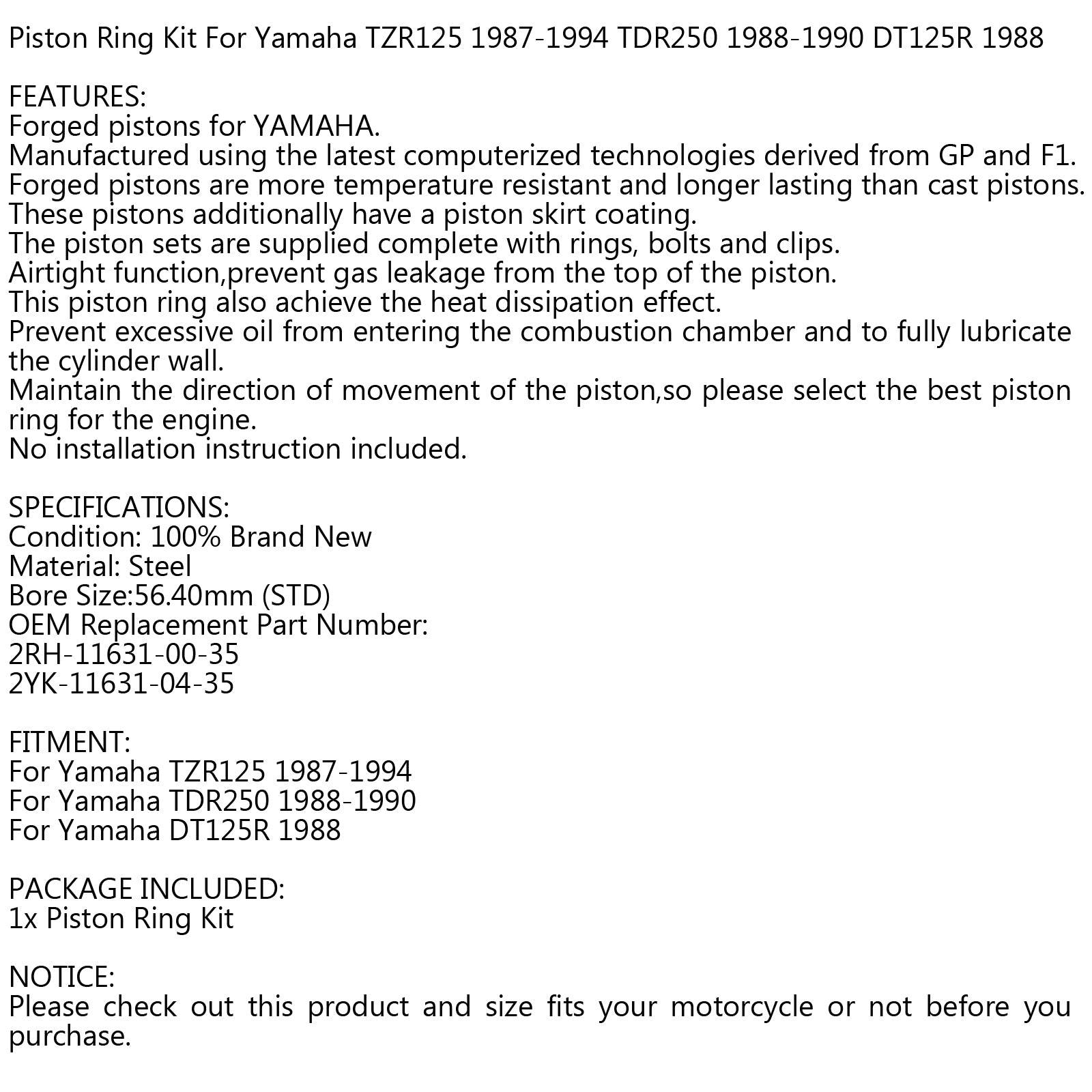 Yamaha TZR125 1987-1994 TDR250 1988-1990 DT125R 1988 Piston Ring Kit