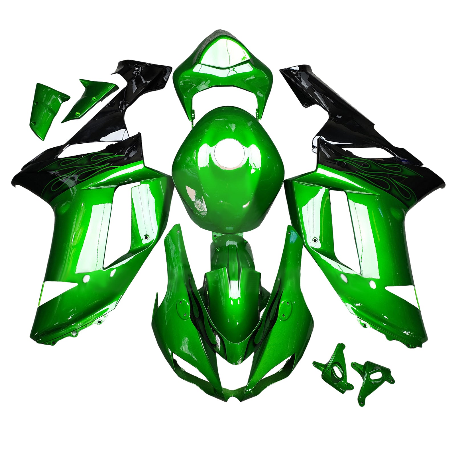 Amotopart 2007-2008 Kawasaki ZX6R 636 Glänzende schwarze Grünverkleidung Kit