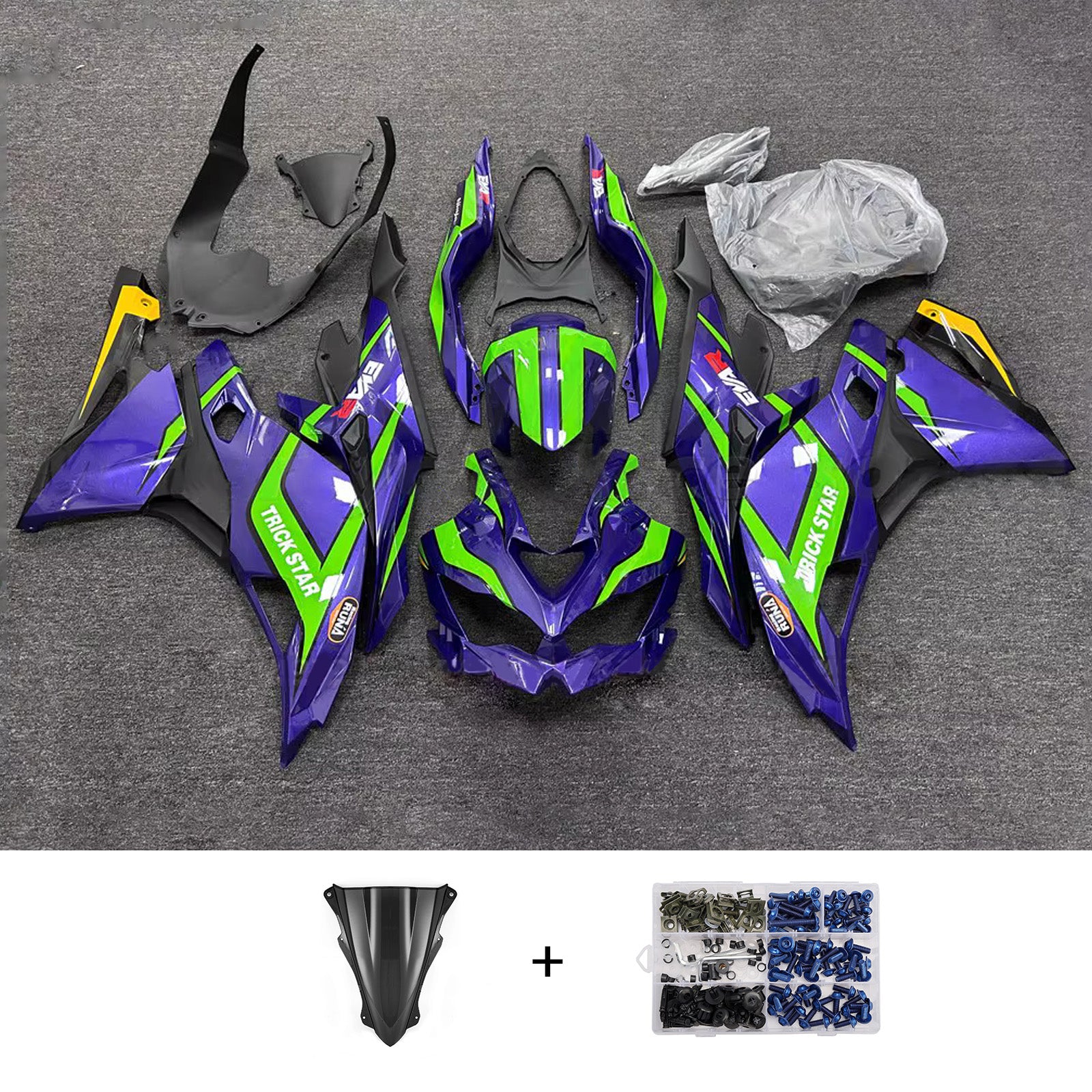 Amotopart 2019-2022 Kawasaki Ninja ZX-25R 2023-2025 Kawasaki Ninja ZX-4R/ZX-4RR Blue Green Yellow Fairing Kit
