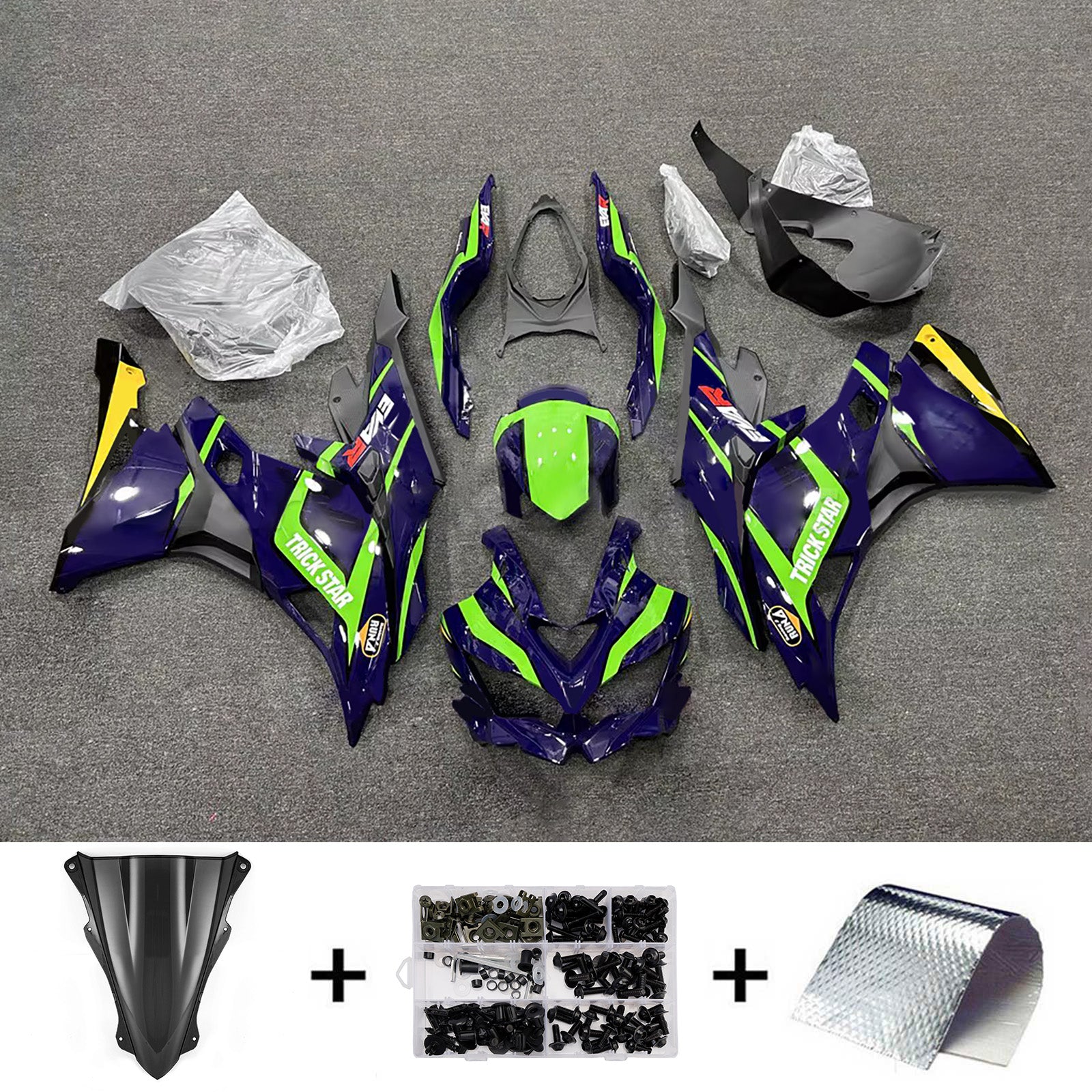 Amotopart 2019-2022 Kawasaki Ninja ZX-25R 2023-2025 Kawasaki Ninja ZX-4R/ZX-4RR Blue Green Yellow Fairing Kit