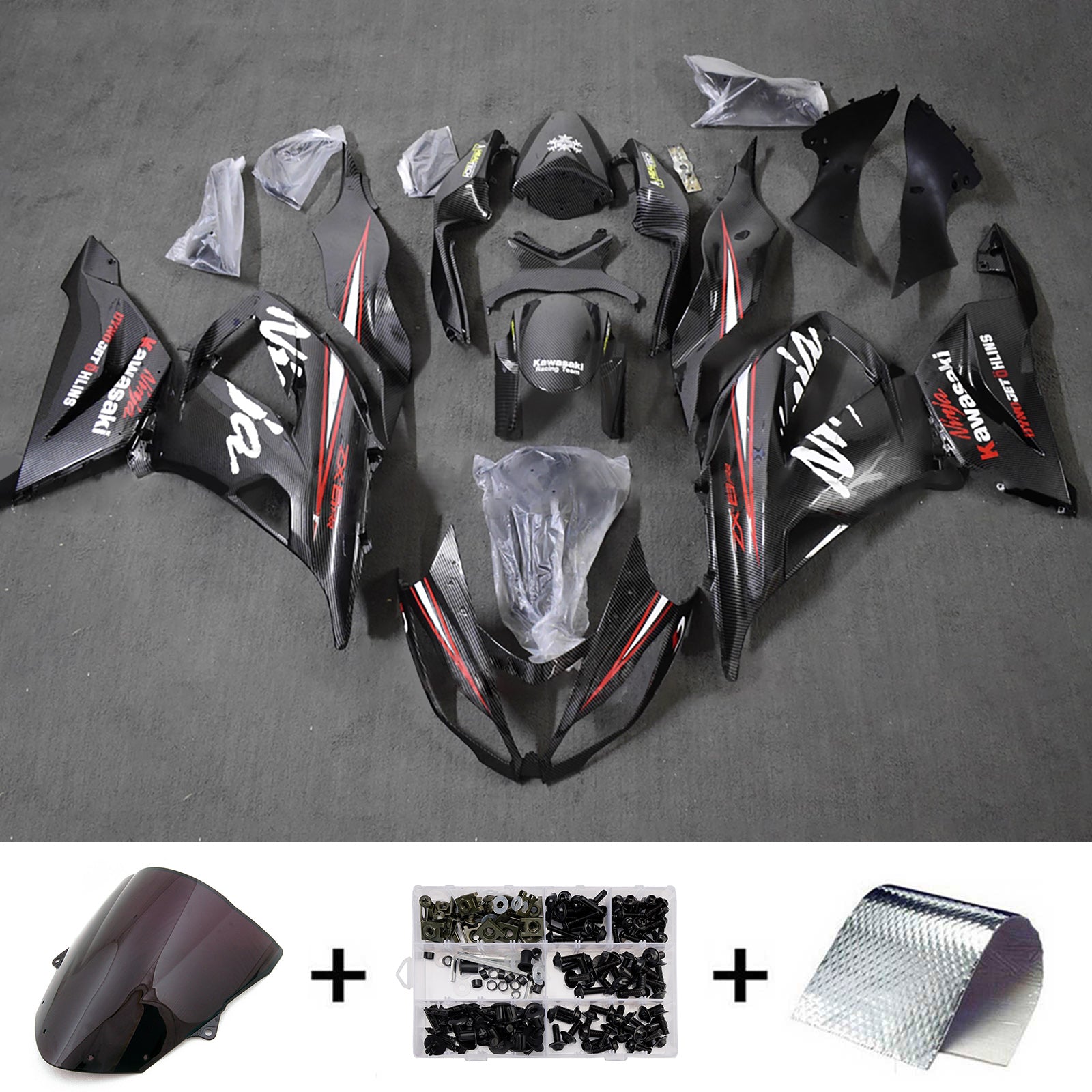 Amotopart 2013-2018 Kawasaki ZX6R 636 White Red Black Carbon Fiber Pattern Fairing Kit