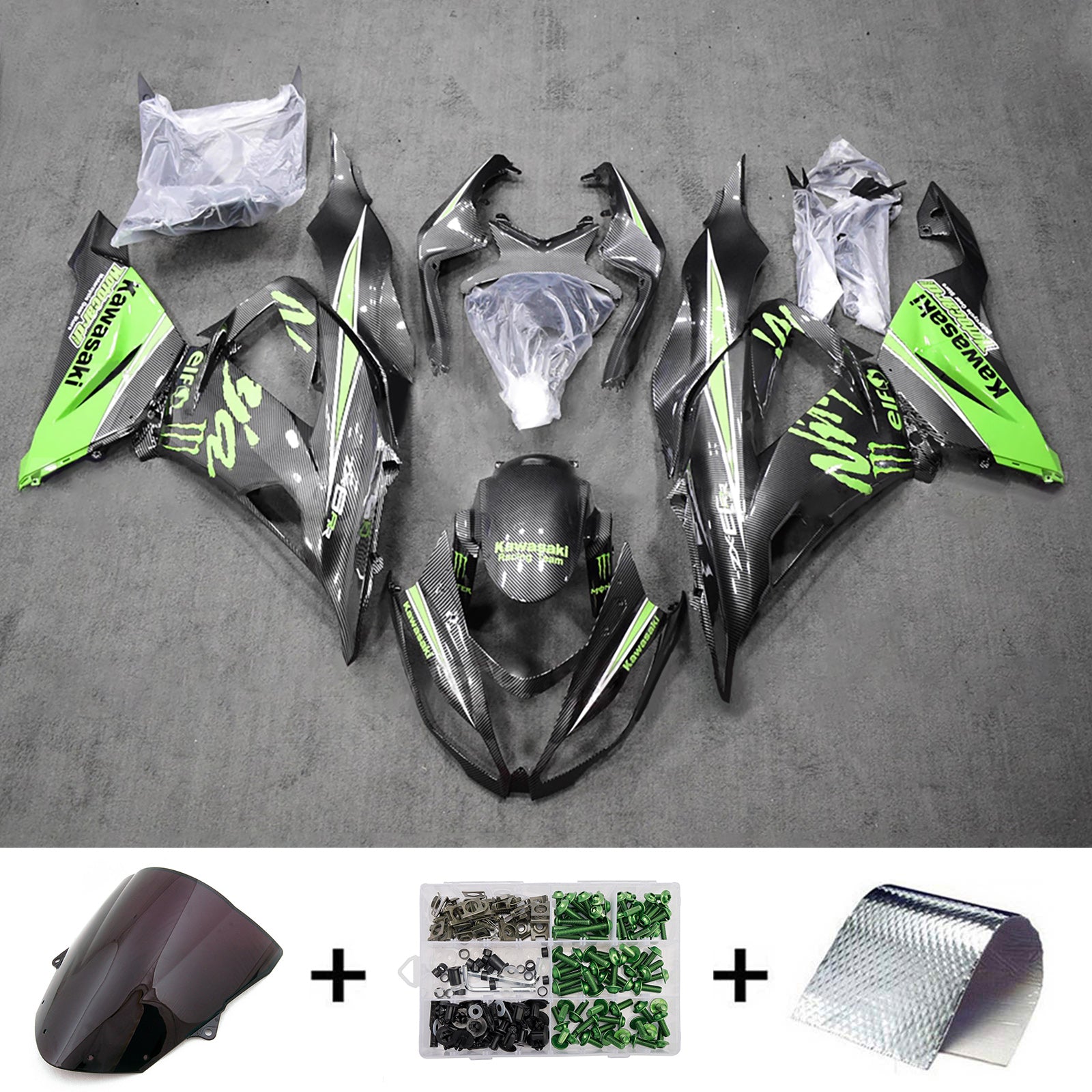 Amotopart 2013-2018 Kawasaki ZX6R 636 Green Black Carbon Fiber Pattern Fairing Kit