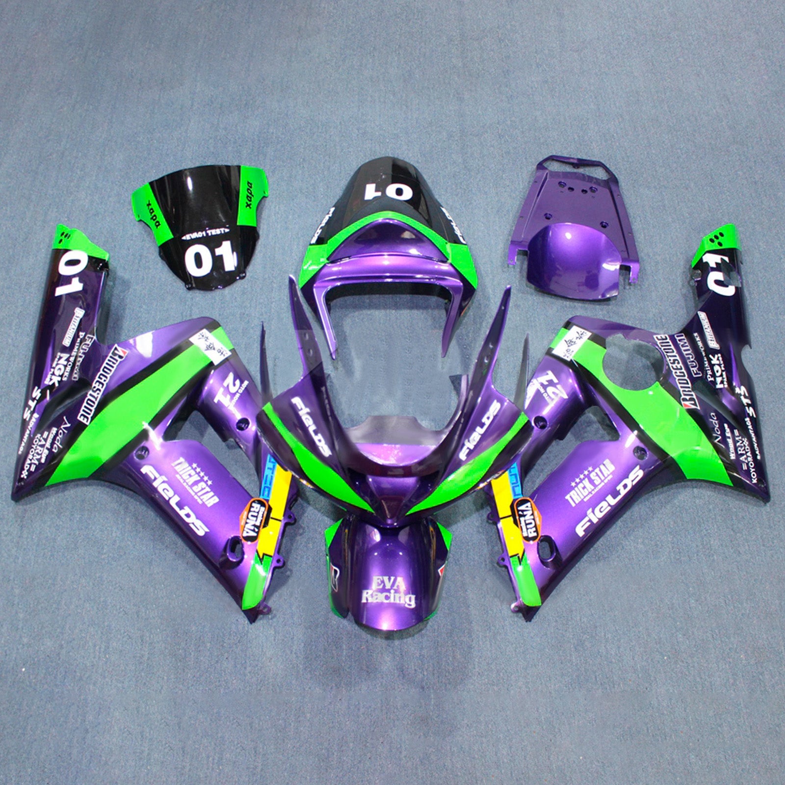 Amotopart 2003-2004 Kawasaki ZX6R 636 Purple Black Green Fairing Kit