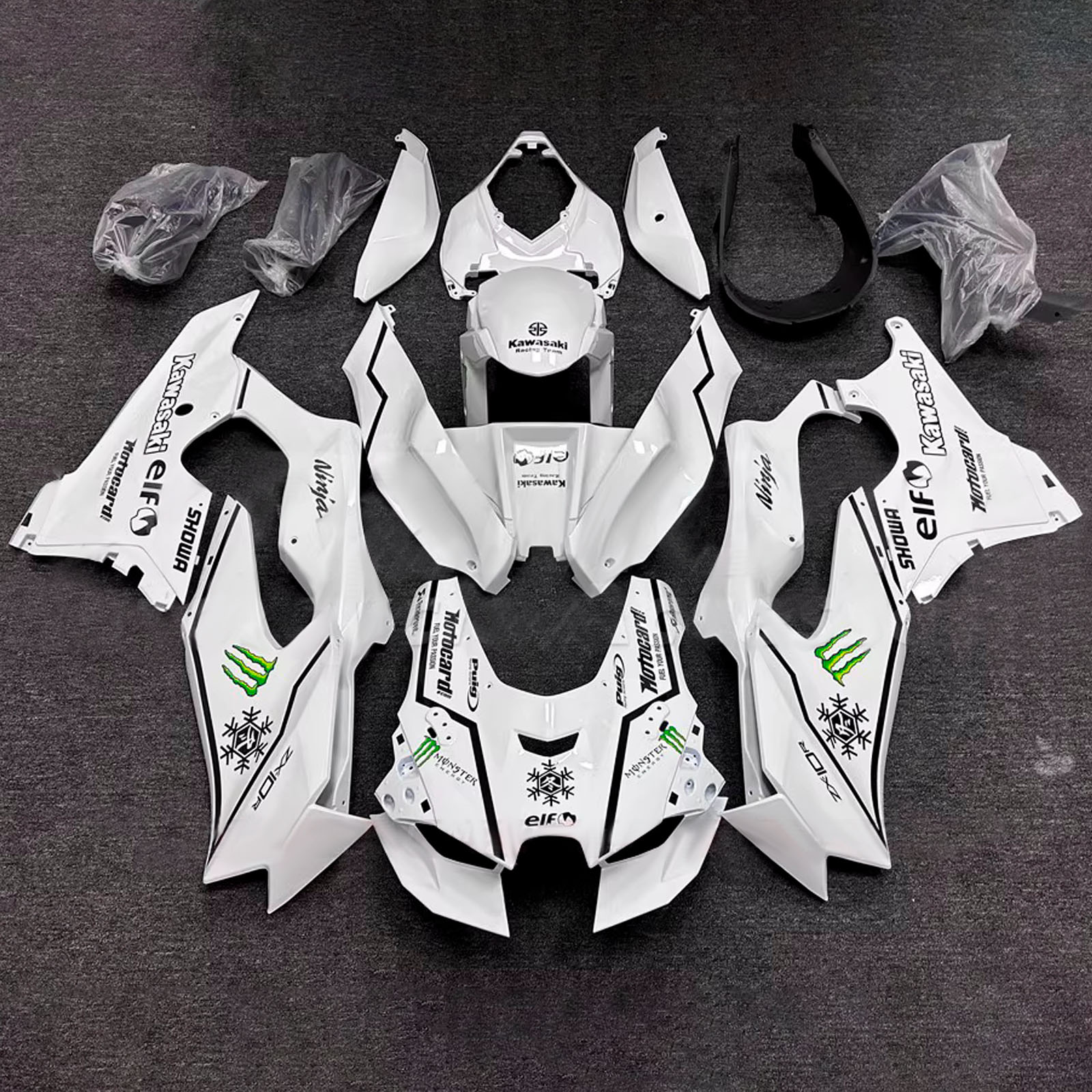 Amotopart 2021-2025 Kawasaki ZX-10R/ZX-10RR White with Black Stripe Fairing Kit