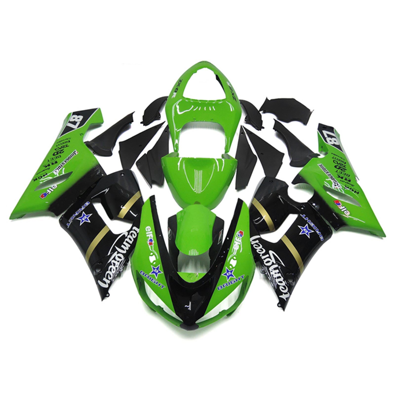 Amotopart 2005-2006 Kawasaki ZX6R 636 Black & Green Styl3 Fairing Kit
