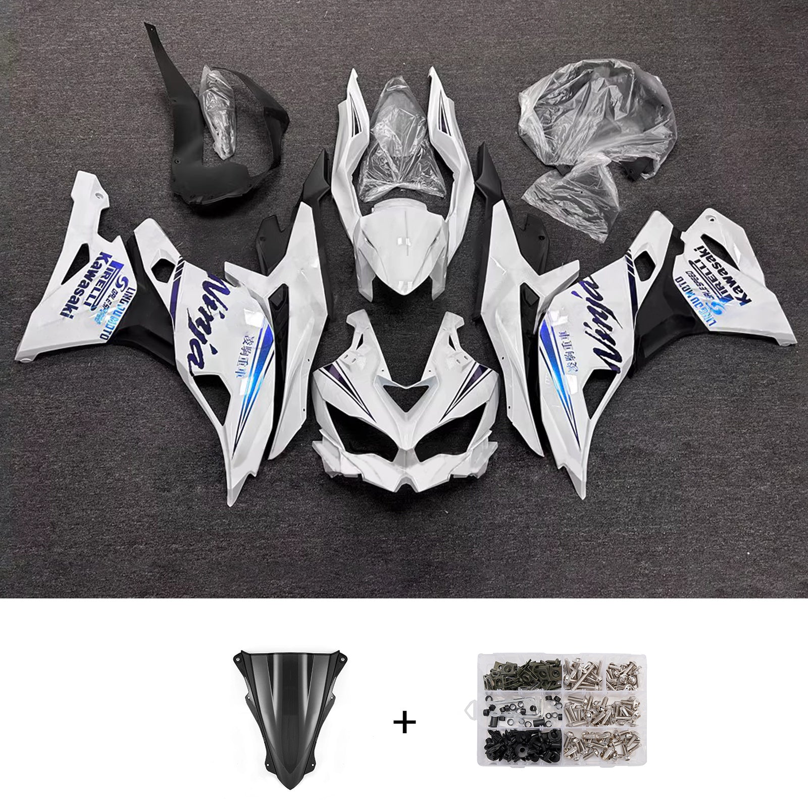 Amotopart 2019-2022 Kawasaki Ninja ZX-25R 2023-2025 Kawasaki Ninja ZX-4R/ZX-4RR White Blue Fairing Kit