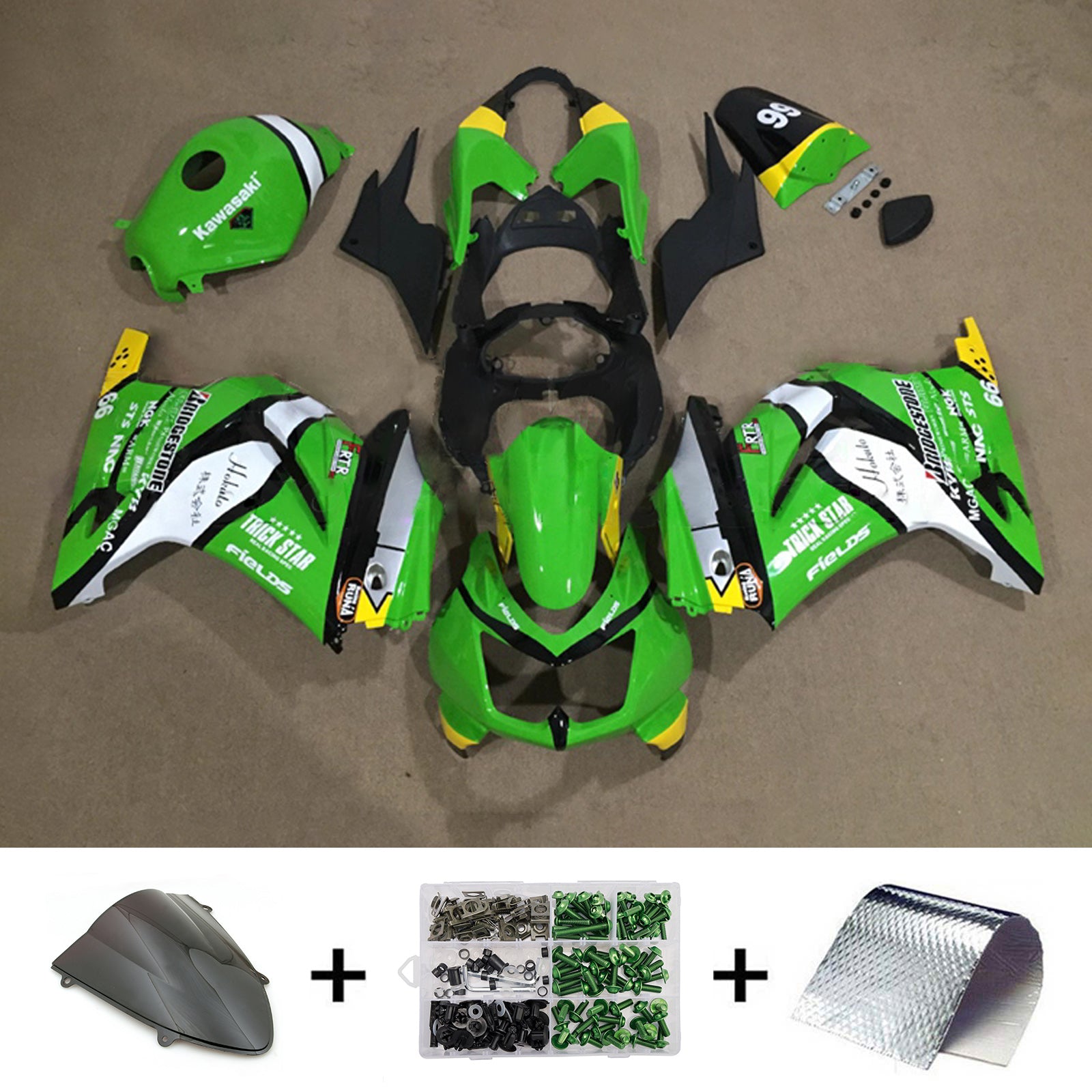 Amotopart 2008-2012 Kawasaki EX250/Ninja250R Green Black White Yellow Fairing Kit