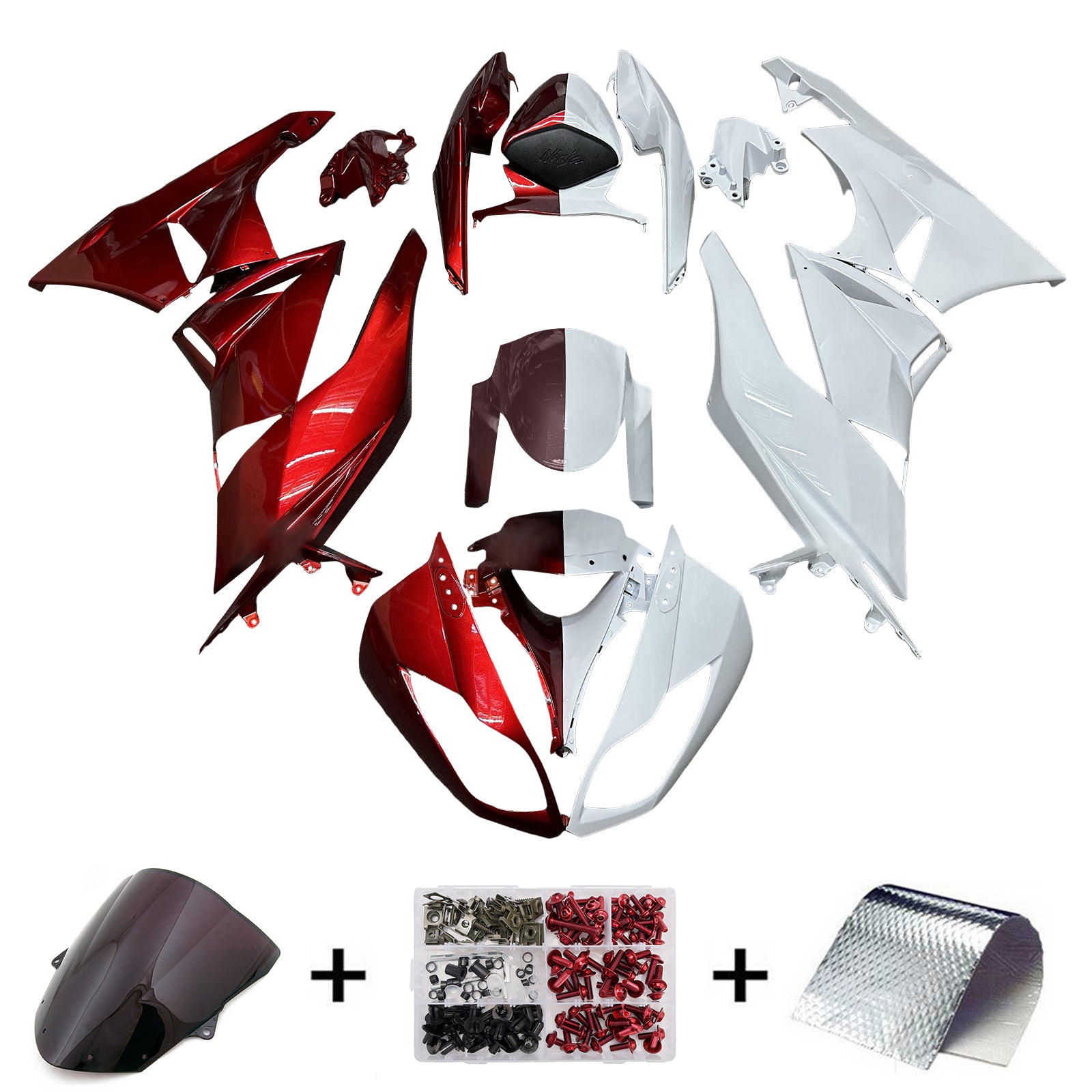 Amotopart 2009-2012 Kawasaki ZX6R 636 Gloss Red White Fairing Kit