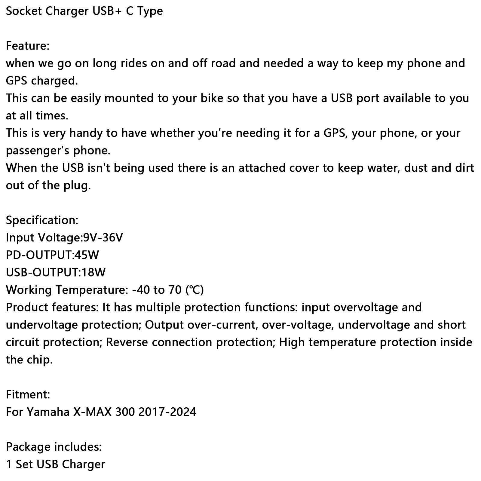 17-25 Yamaha X-Max 300 12v Socket Quick Char b+C Type