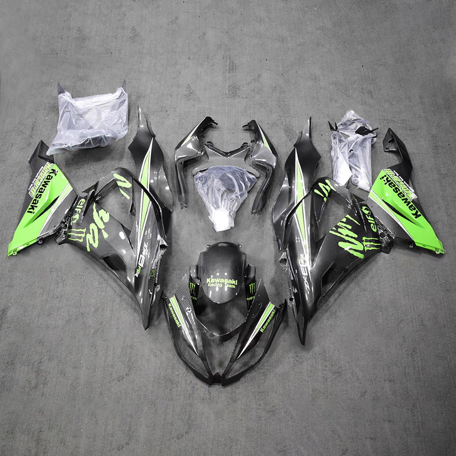 Amotopart 2013-2018 Kawasaki ZX6R 636 Green Black Carbon Fiber Pattern Fairing Kit