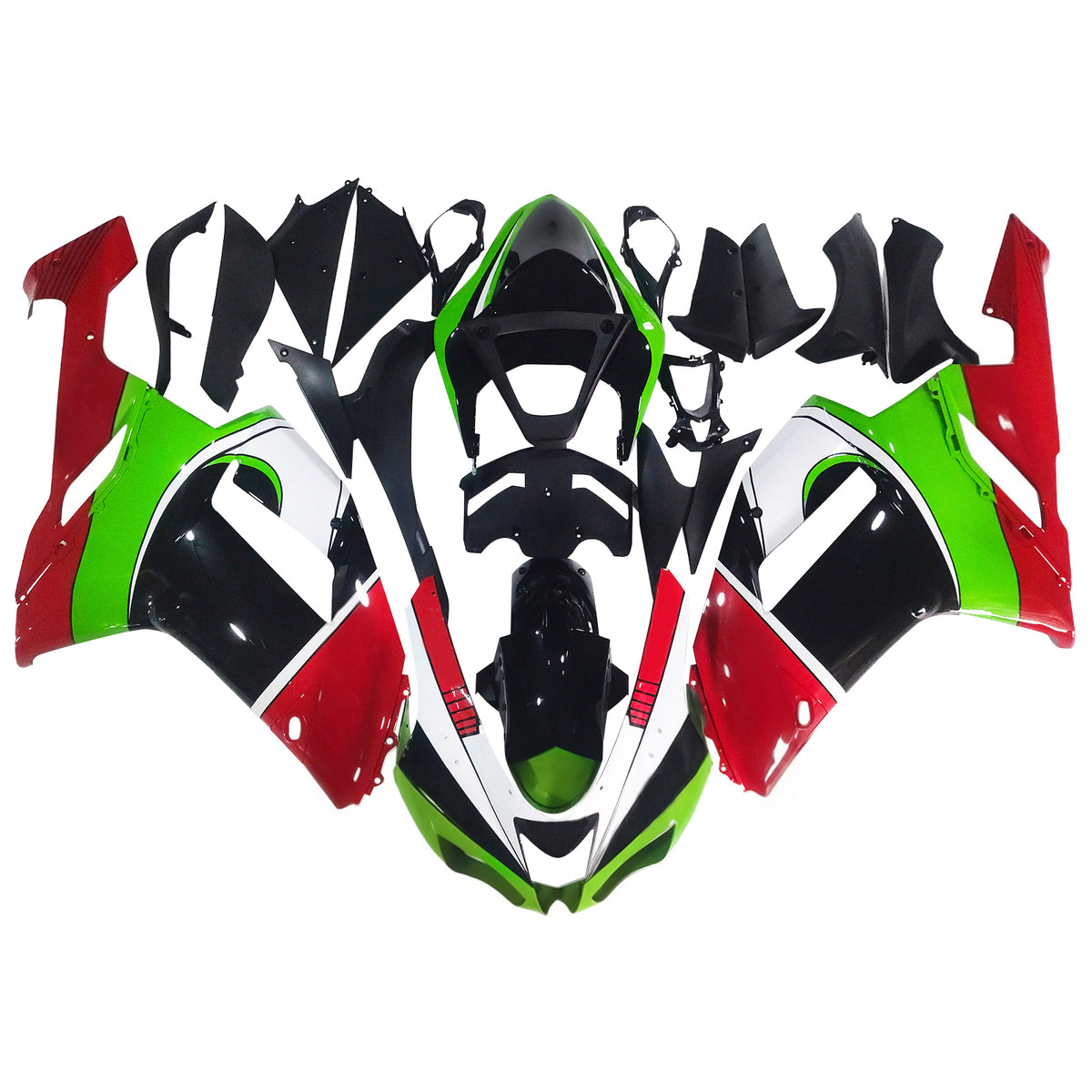 Amotopart 2007–2008 Kawasaki ZX-6R 636 Schwarz Grün Rot Weiß Verkleidungsset