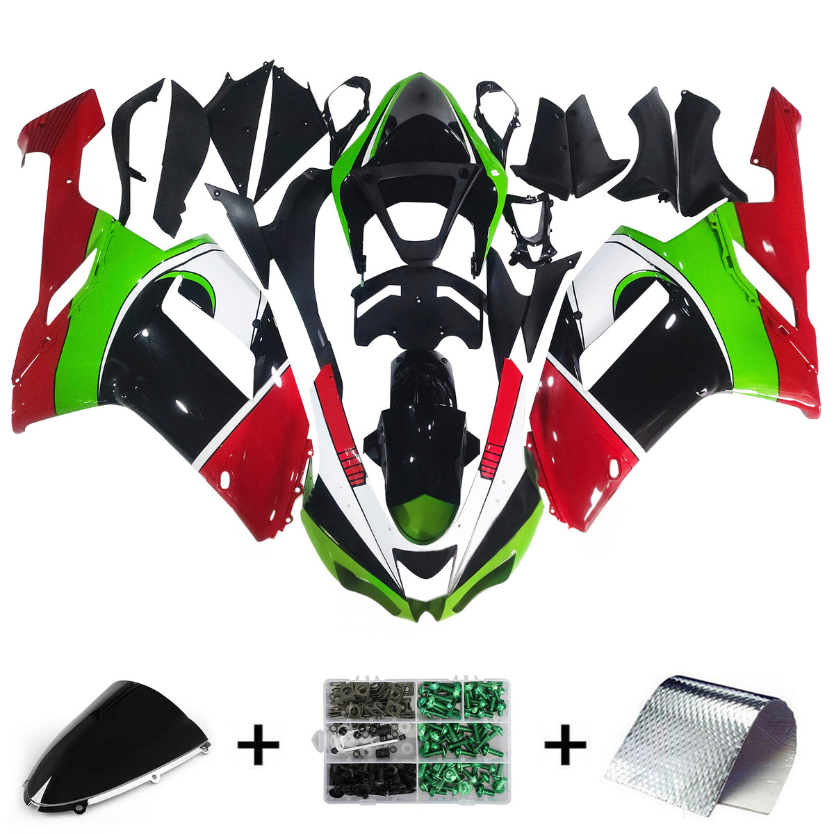 Amotopart 2007-2008 Kawasaki ZX-6R 636 Czarny Zielony Czerwony Biały Zestaw owiewki