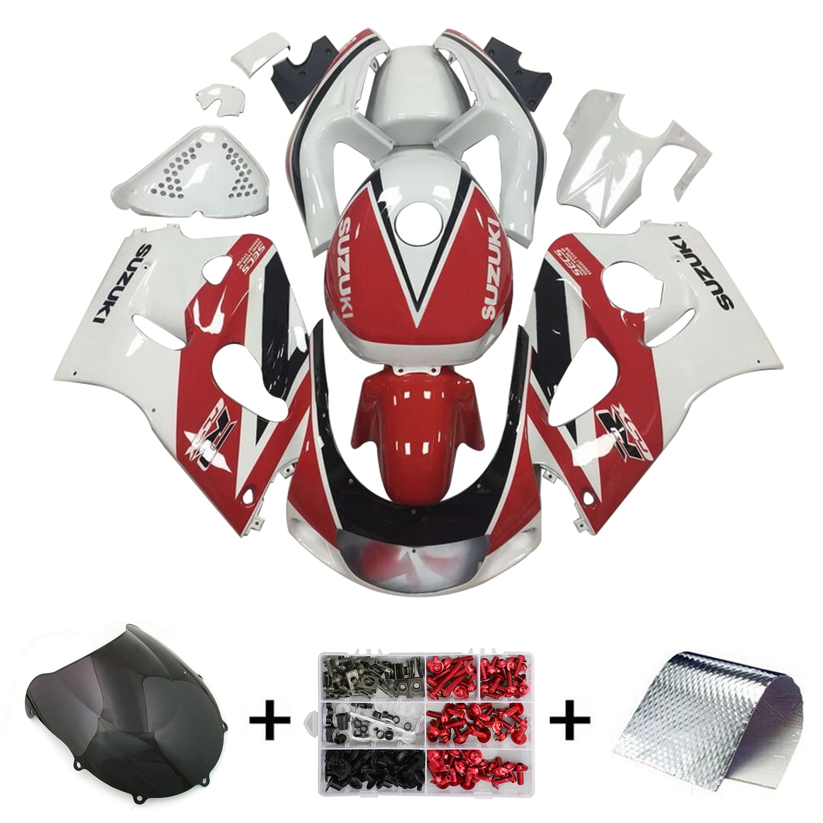 Amotopart Suzuki GSXR600 1996-2000 GSXR750 1996-1999 Blanc&Kit de carénage rouge Style3