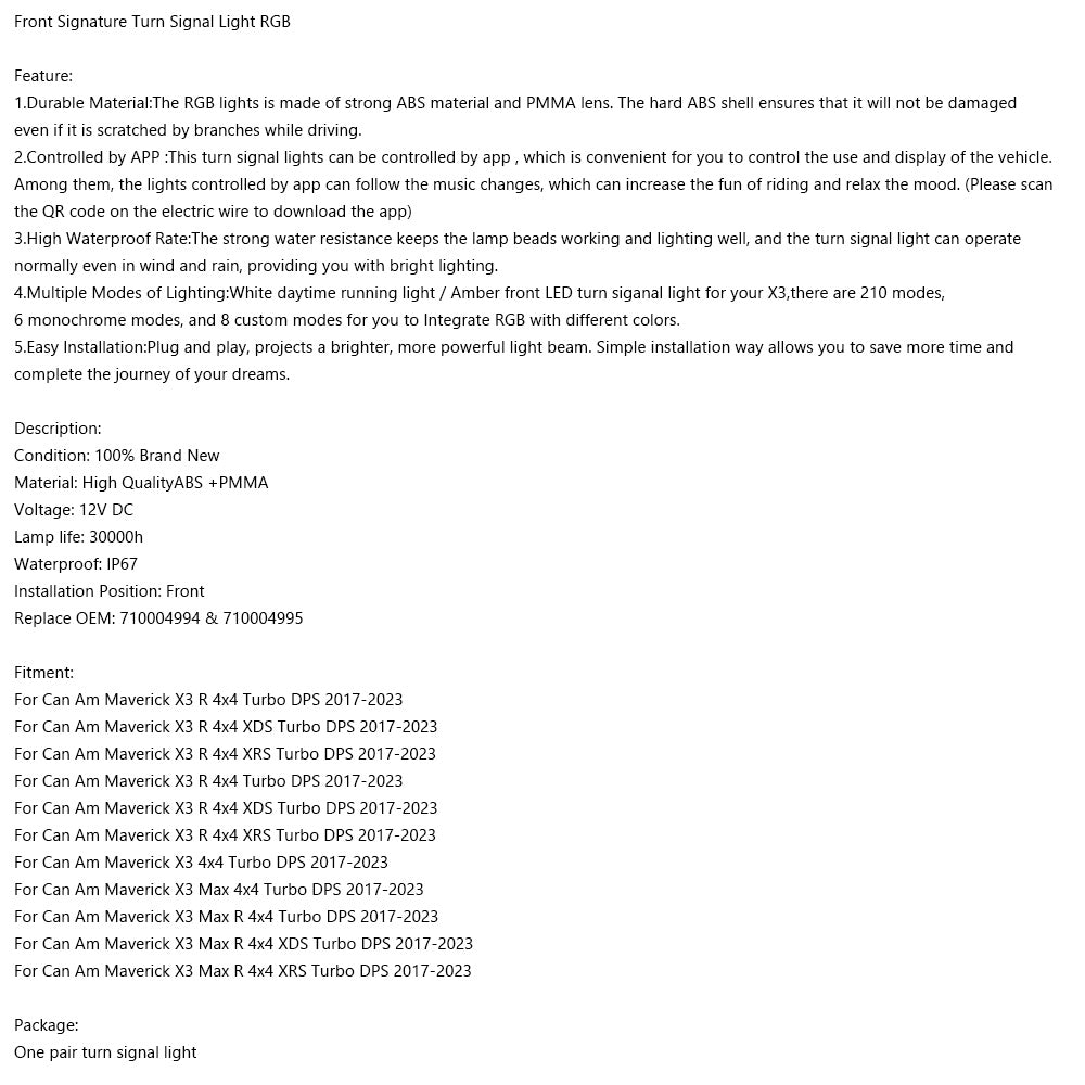 Front Signature Turn Signal Light RGB for Can Am Maverick X3 MAX 2017-2023