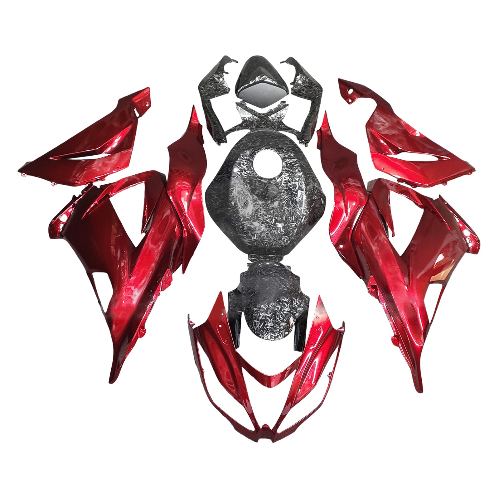 Amotopart 2013-2018 Kawasaki ZX6R 636 Forged Carbon Fiber Pattern & Red Fairing Kit