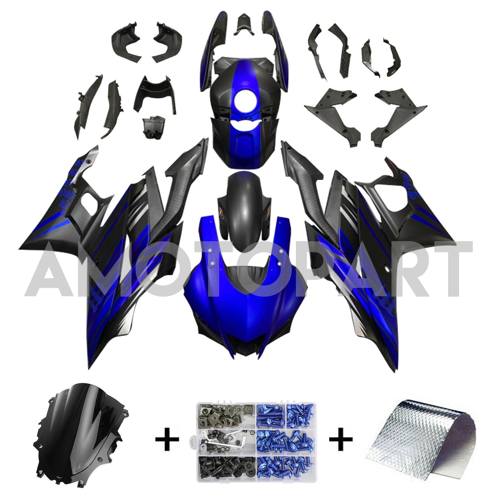 Amotopart 2022-2024 Yamaha YZF-R3 R25 Matte Black&Blue Fairing Kit