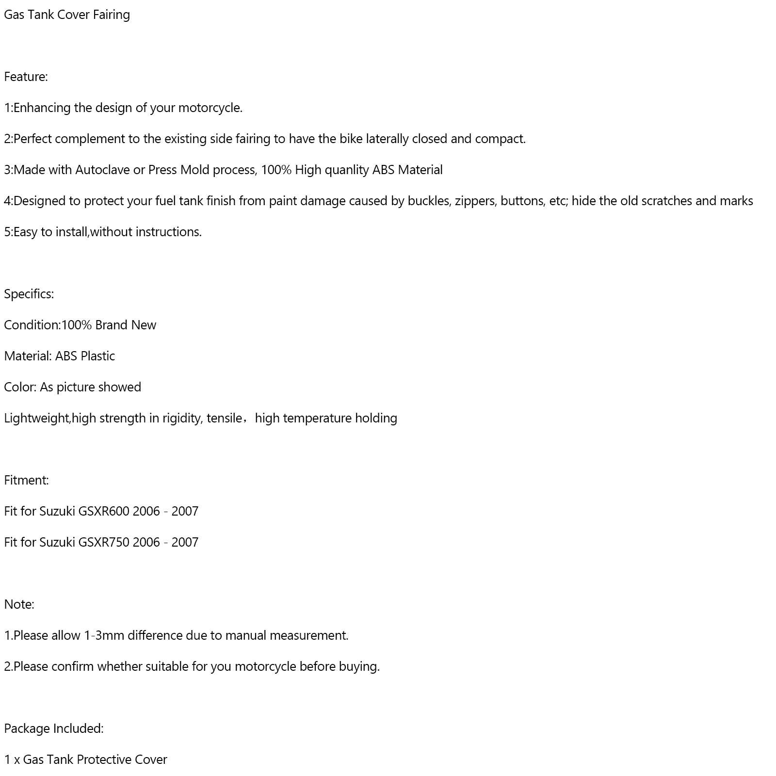 Gas Tank Cover Fairing Protector For Suzuki GSXR600 GSXR 750 2006-2007 Carbon Fiber