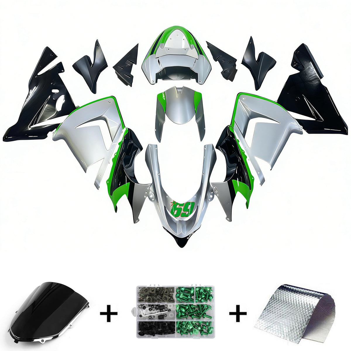Amotopart 2004-2005 カワサキ ZX-10R グリーン グレー ホワイト ブラック フェアリングキット