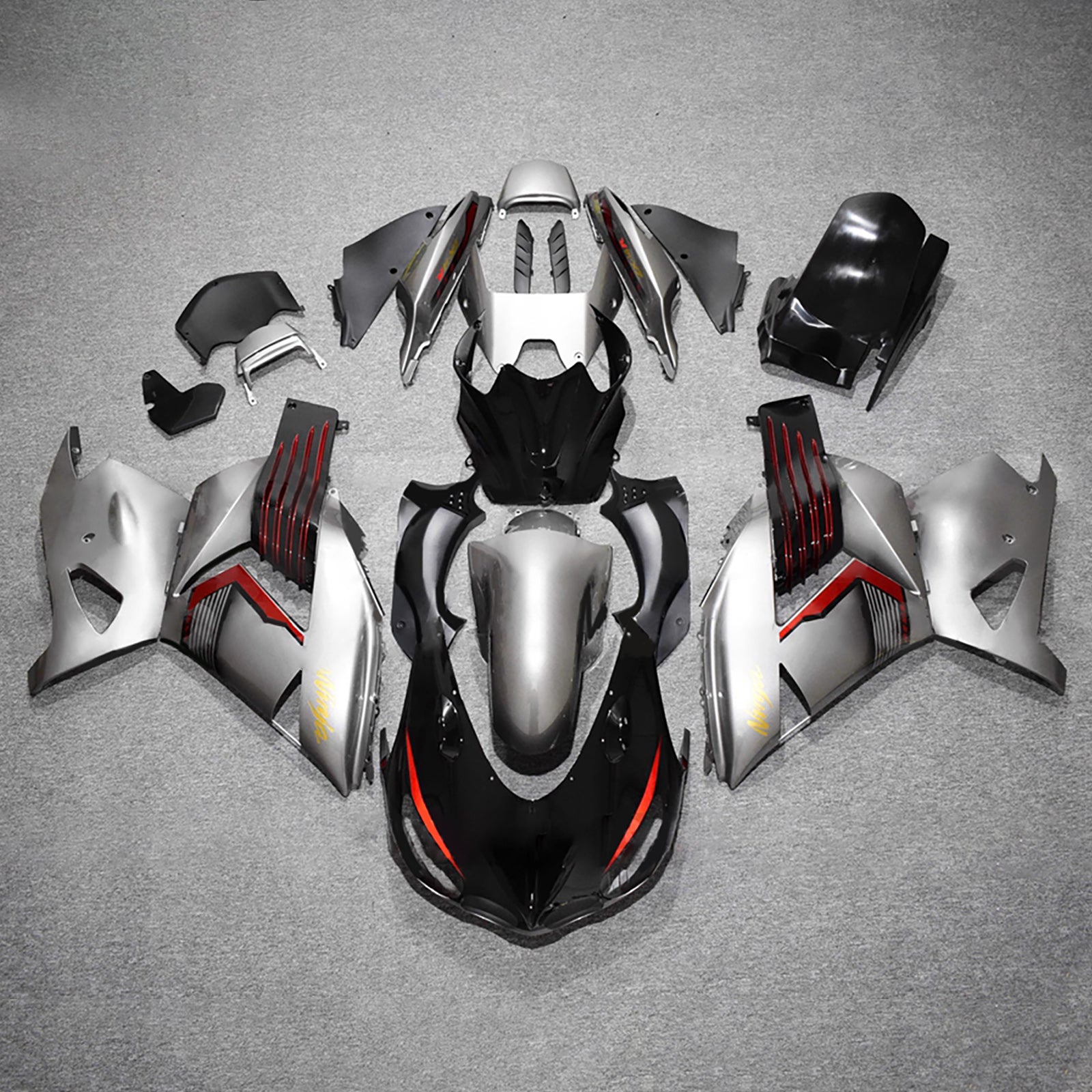 Amotopart 2012-2025 Kawasaki ZX14R ZZR1400 Black Grey Red Fairing Kit