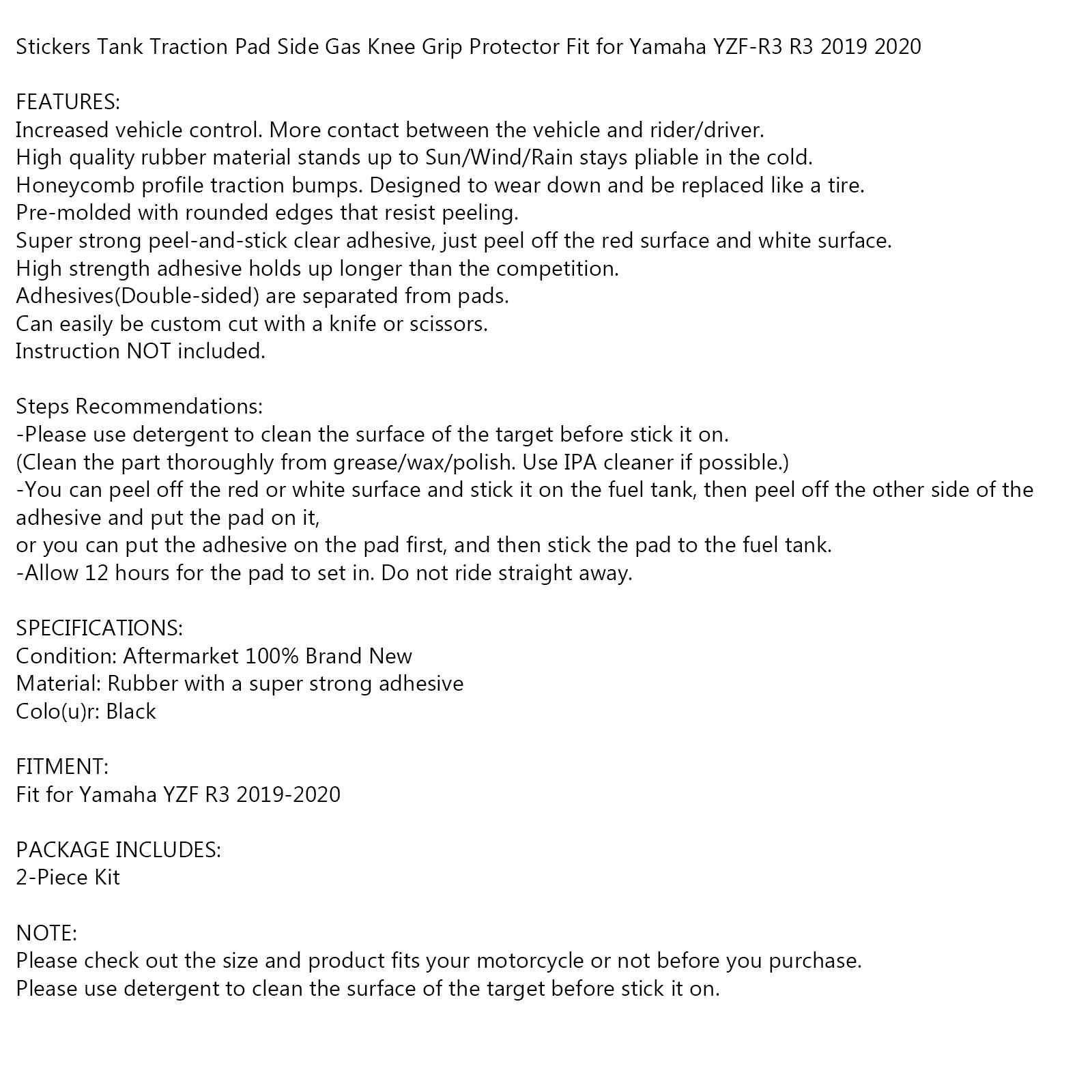 Yamaha YZF-R3 2019-2020 Tank Pads Traction Grips Protector 2-Piece Kit