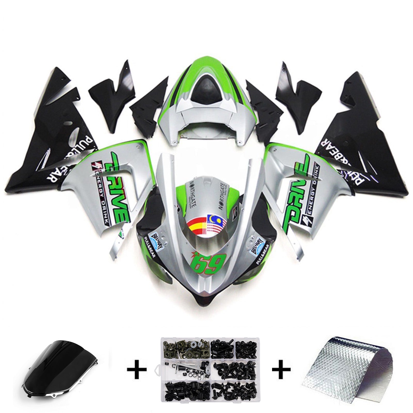 Amotopart 2004-2005 Kawasaki ZX10R Green Black White Fairing Kit