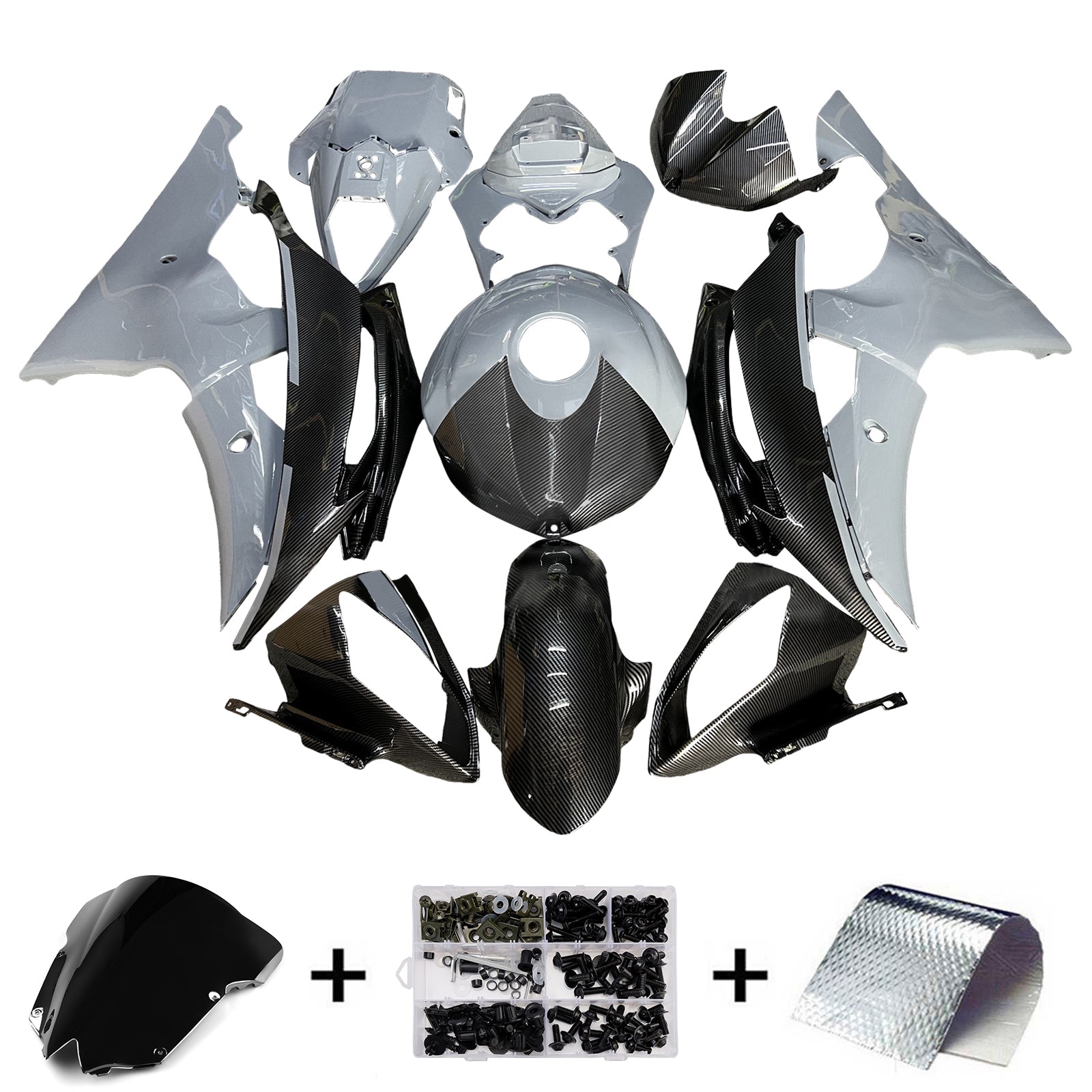Amotopart 2008-2016 Yamaha YZF-R6 Grey & Black Carbon Fiber Pattern Fairing Kit