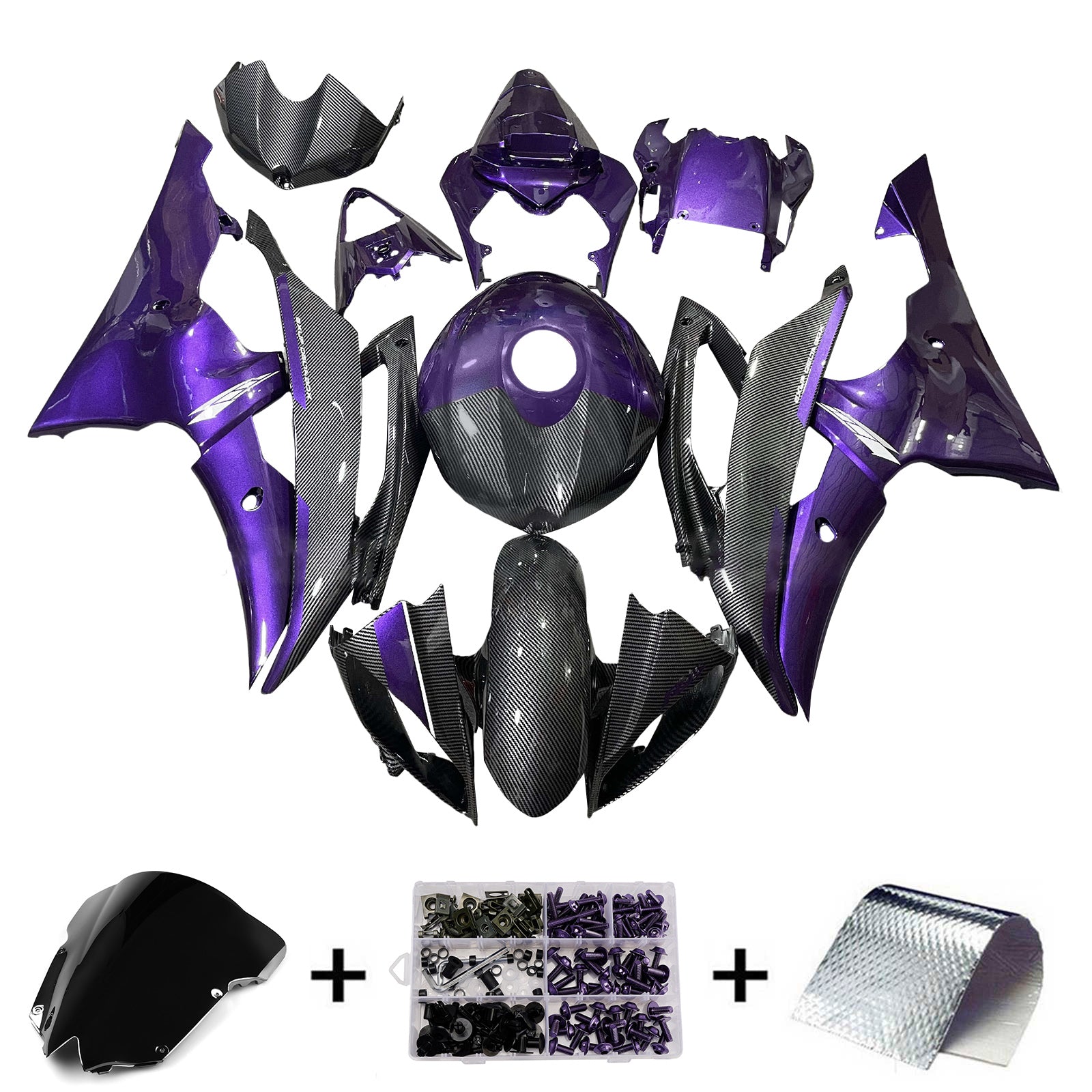 Amotopart 2008-2016 Yamaha YZF-R6 Purple & Black Carbon Fiber Pattern Fairing Kit