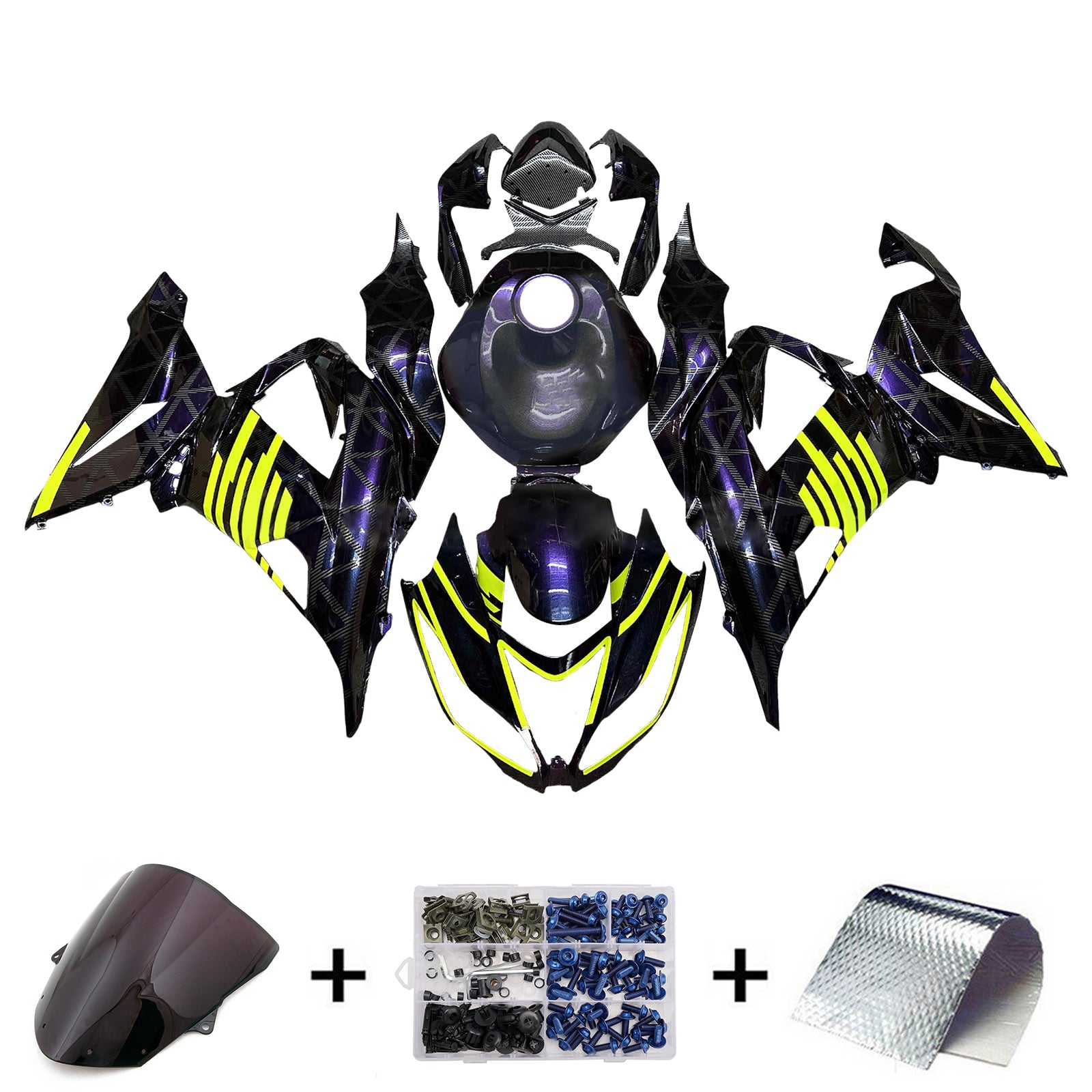 Amotopart 2013–2018 Kawasaki ZX6R 636, Karbonfasermuster & Gelbe Verkleidung Bausatz