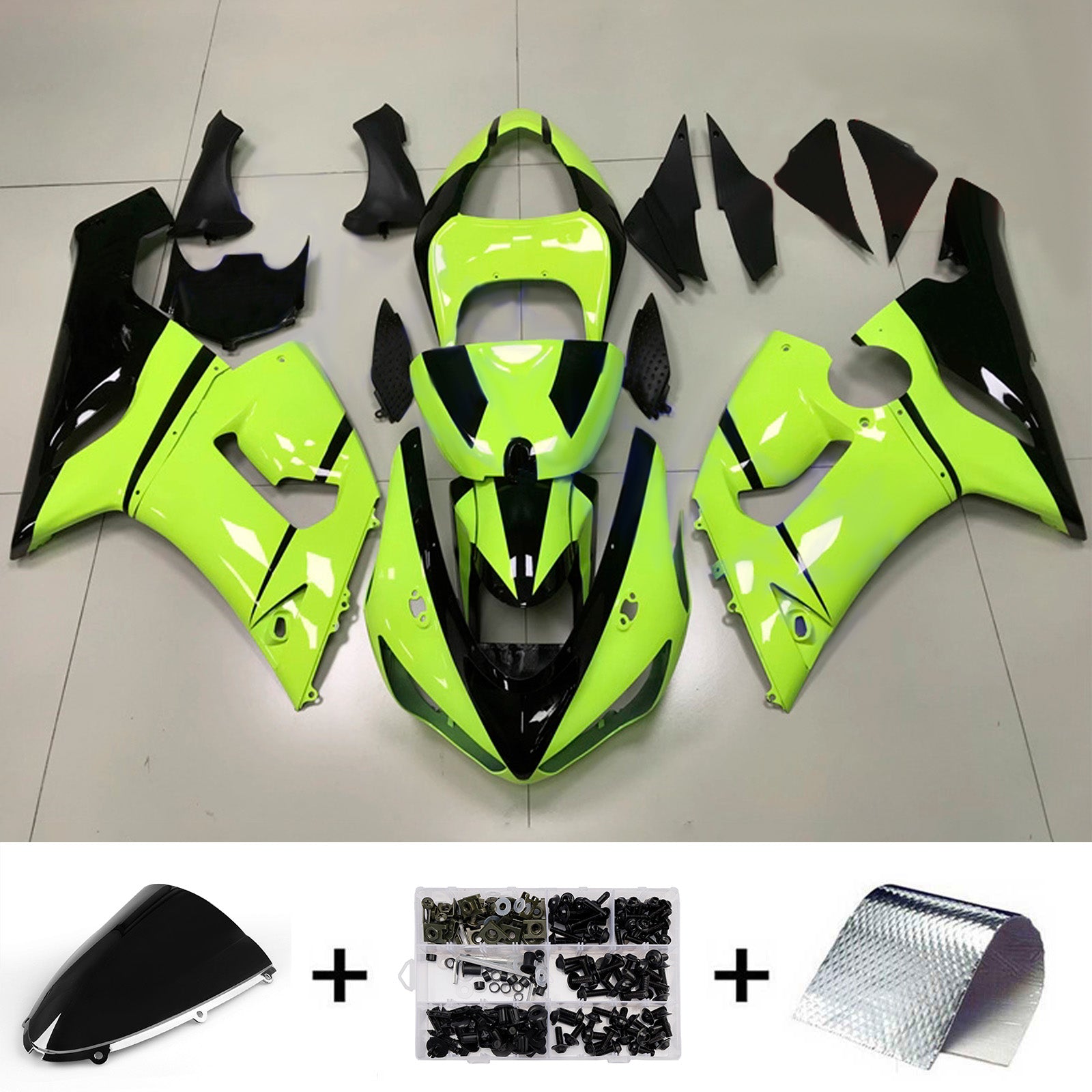 Amotopart 2005-2006 Kawasaki ZX6R 636 Green Black Fairing Kit