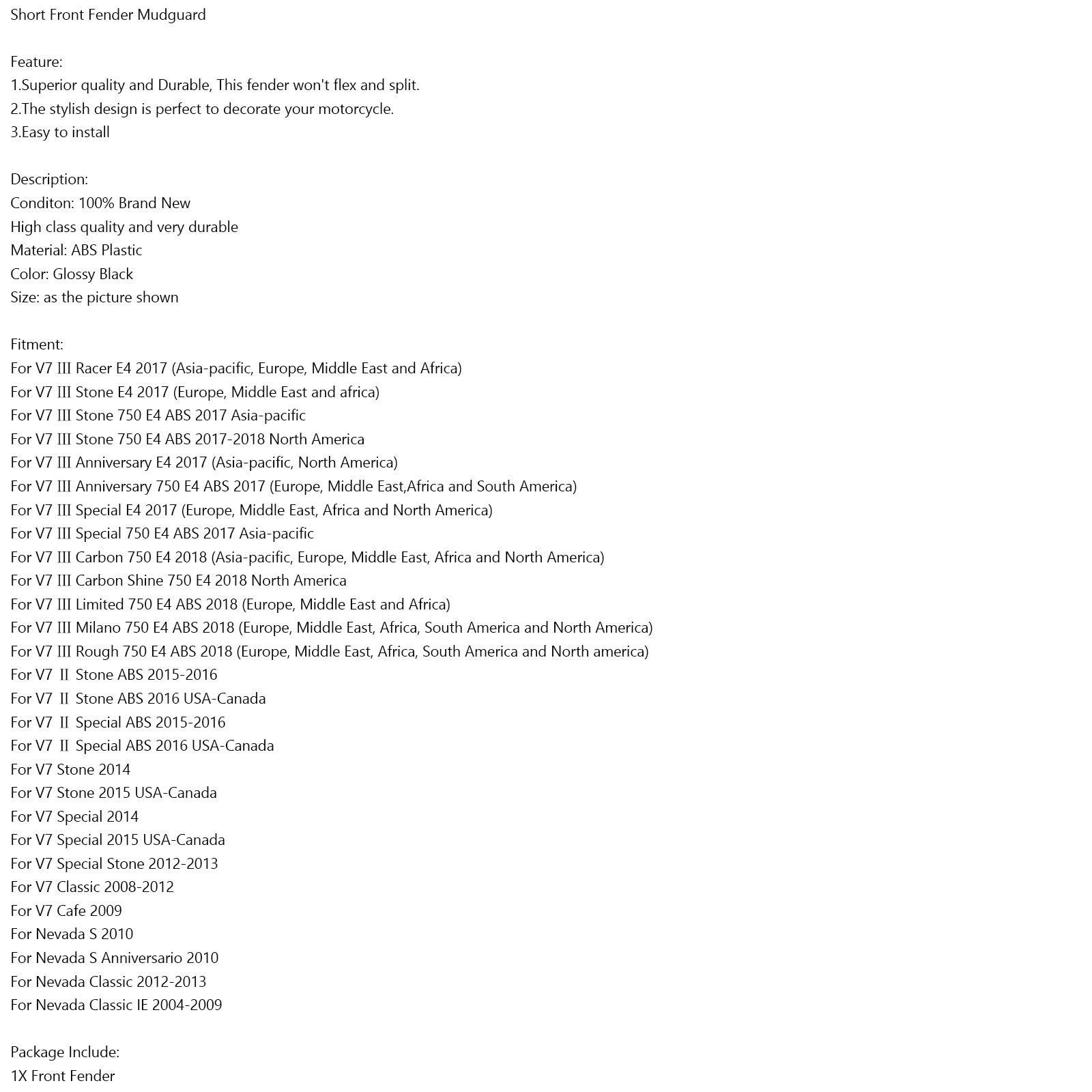 Guardabarros delantero corto ABS para Moto Guzzi V7 Ⅲ V7 Ⅱ Stone Special Nevada