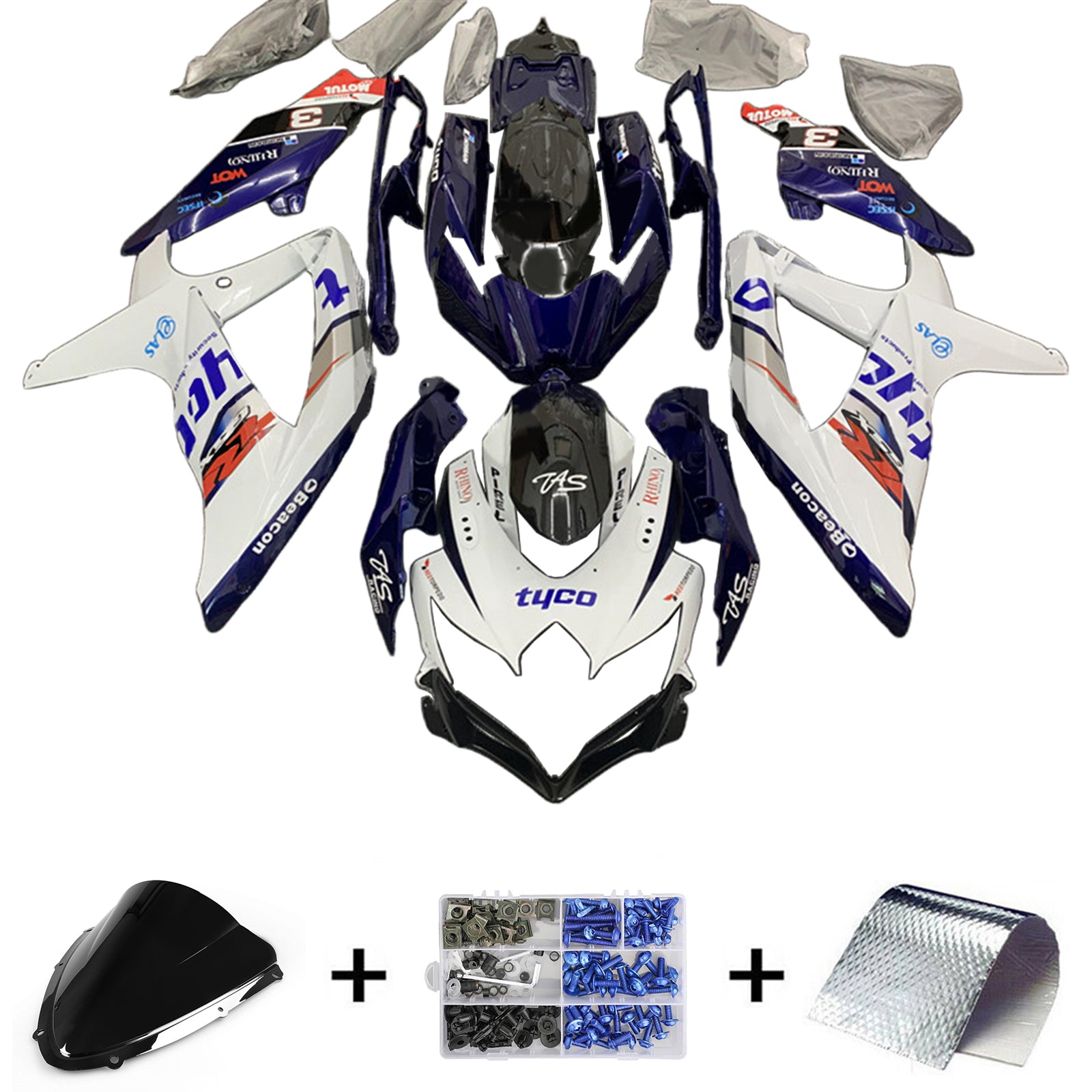 Amotopart Suzuki GSXR 600/750 K8 Bleu 2008-2010&Kit de carénage blanc Style2