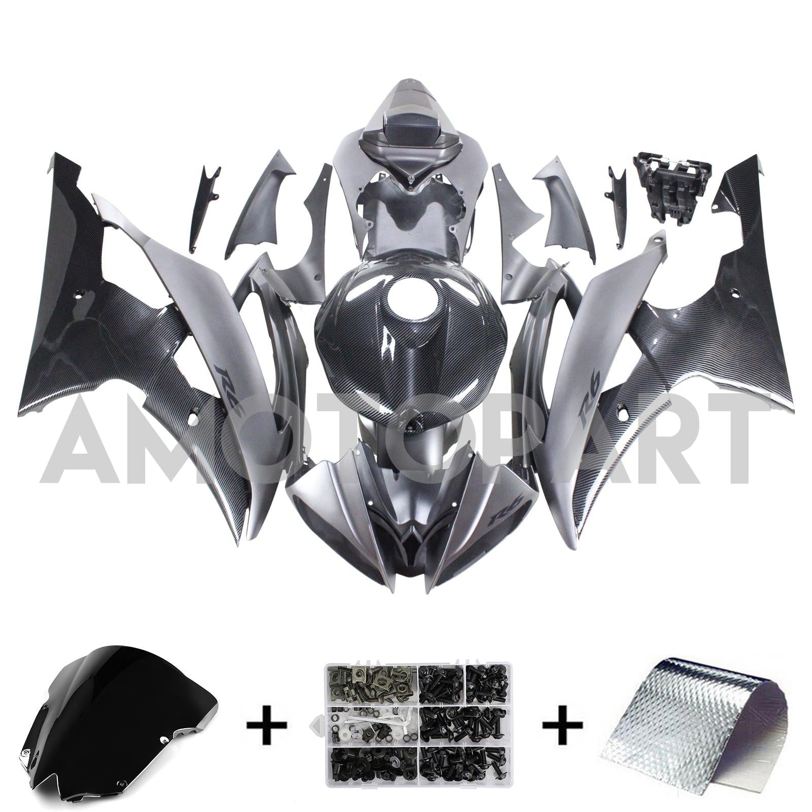 Amotopart 2008-2016 Yamaha YZF 600 R6 Carbon Fiber Black&Grey Fairing Kit